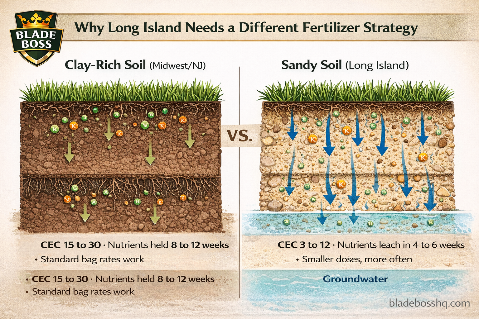 Diagram comparing nutrient retention in sandy soil versus clay soil showing faster leaching through Long Island's glacial outwash sand