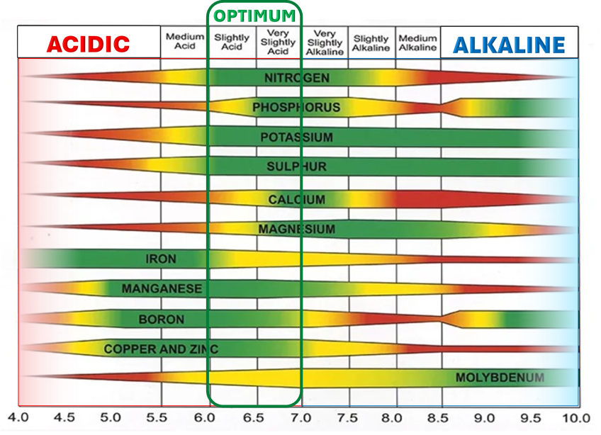 Nutrient availability chart showing how soil pH affects uptake of nitrogen, phosphorus, potassium, sulfur, calcium, magnesium, iron, manganese, boron, copper, zinc, and molybdenum, with optimum range highlighted between pH 6.0 and 7.0