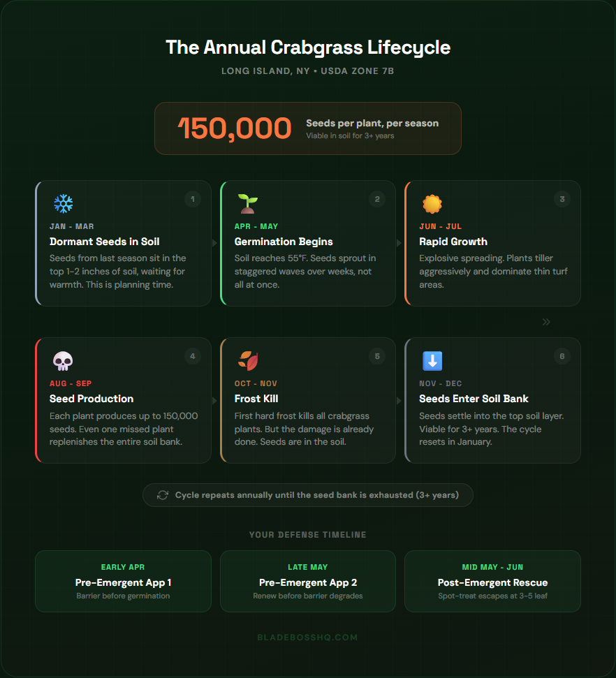 Annual crabgrass lifecycle infographic for Long Island USDA Zone 7B showing 6 stages from dormant seeds in January through frost kill in November, with 150,000 seeds per plant and defense timeline showing pre-emergent App 1 in early April, App 2 in late May, and post-emergent rescue in mid-May to June