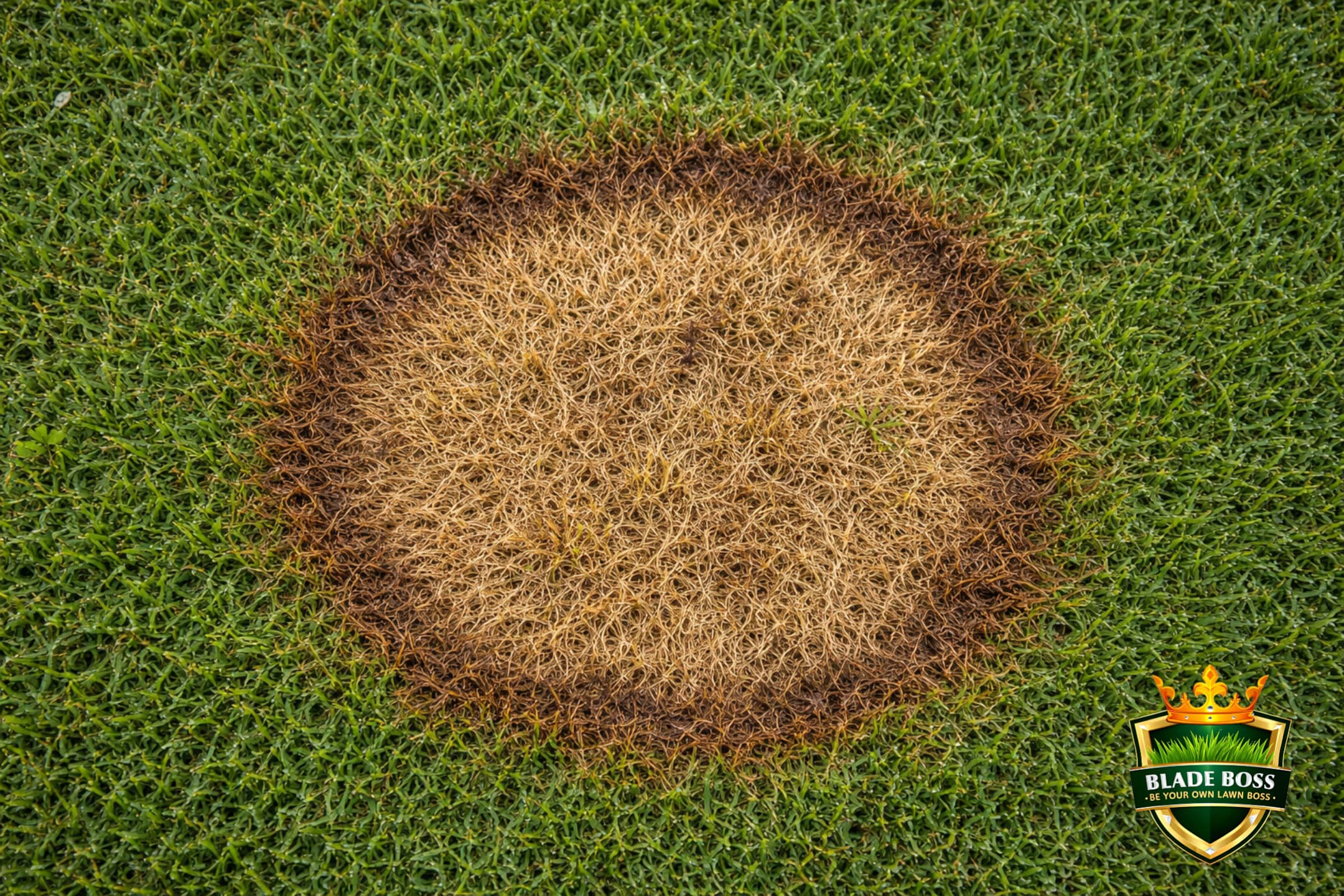 Brown patch disease on a cool-season lawn showing a circular patch of dead straw-colored grass with a distinctive darker brown smoke ring border surrounded by healthy green turf