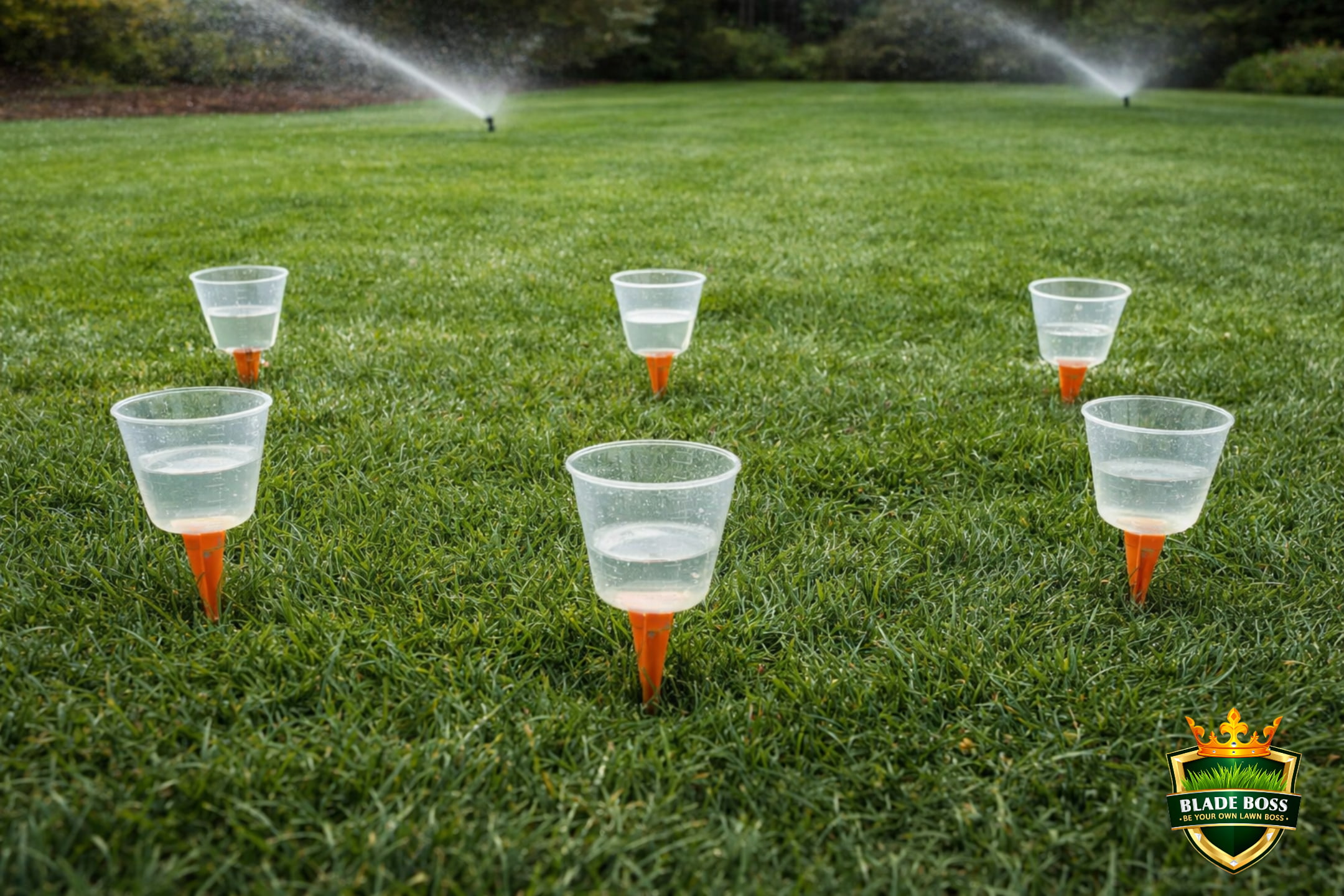 Six sprinkler catch cups arranged in a grid pattern on a green lawn with sprinklers running in the background, measuring irrigation output uniformity