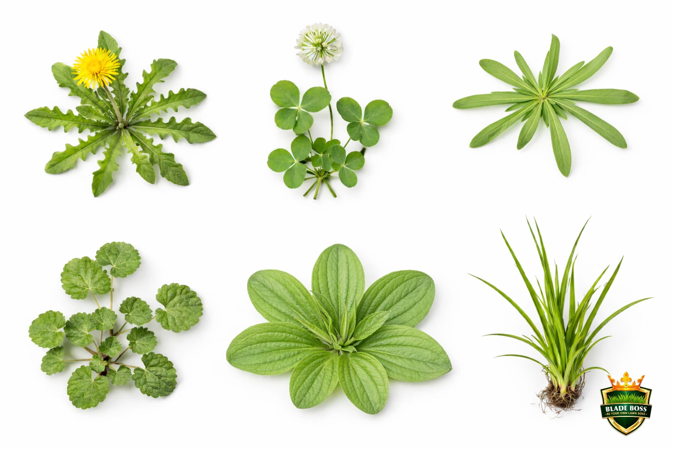 Identification grid showing six common Northeast lawn weeds: dandelion, white clover, buckhorn plantain, ground ivy, broadleaf plantain, and nutsedge with leaf shape details visible on white background