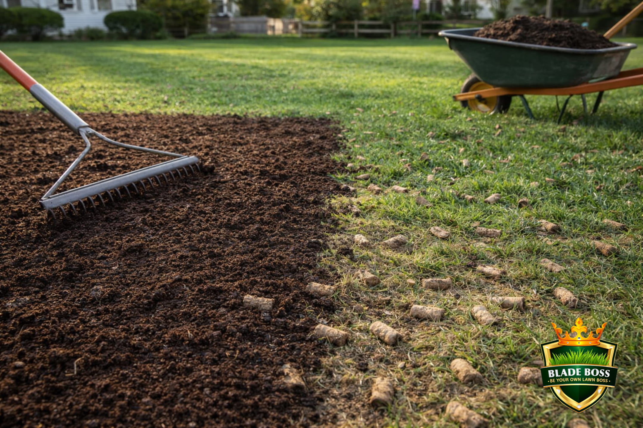 Freshly aerated lawn with dark compost being raked into aeration holes, showing the contrast between treated and untreated areas