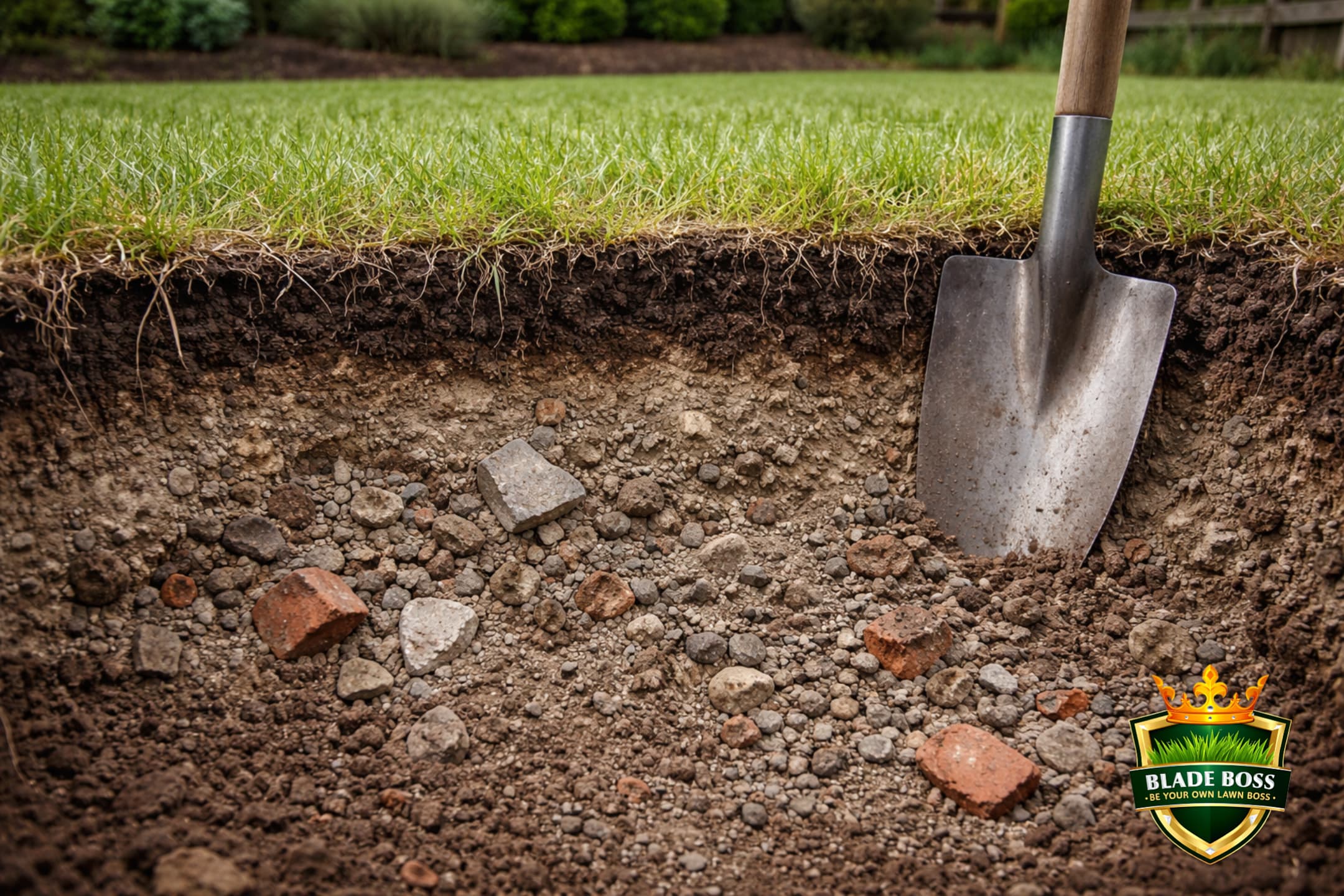 Cross-section of construction fill soil in a Nassau County Levittown backyard showing thin grass with shallow roots over compacted gray fill dirt mixed with concrete chunks broken brick and gravel with no visible organic matter or natural soil structure