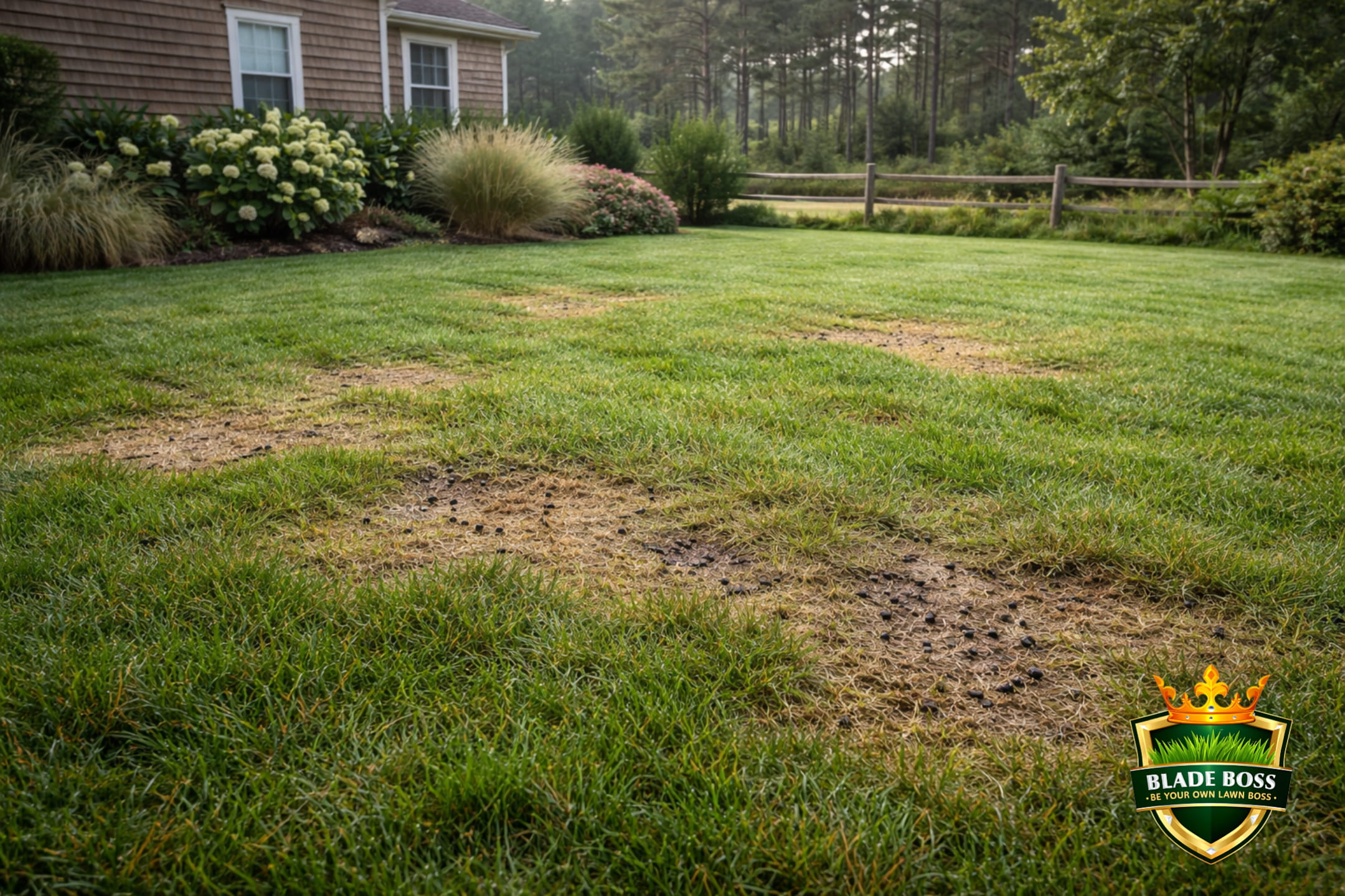 Deer damage on an East End Long Island lawn showing irregular grazed patches of short stubble and bare soil with deer droppings visible surrounded by otherwise green grass near a cedar shake house with split rail fence