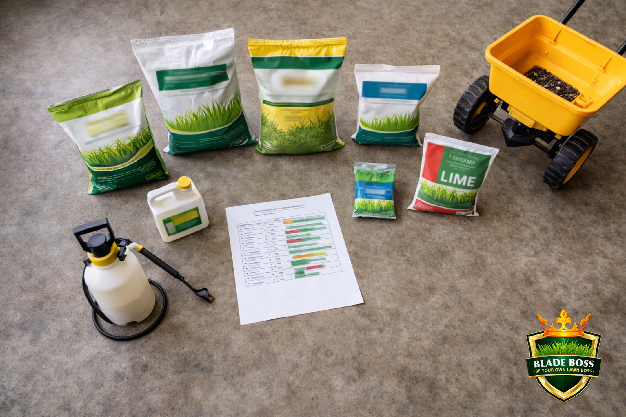 Overhead view of a full season of DIY lawn care products arranged on a garage floor including fertilizer bags, pre-emergent, grass seed, lime, weed killer, pump sprayer, and broadcast spreader