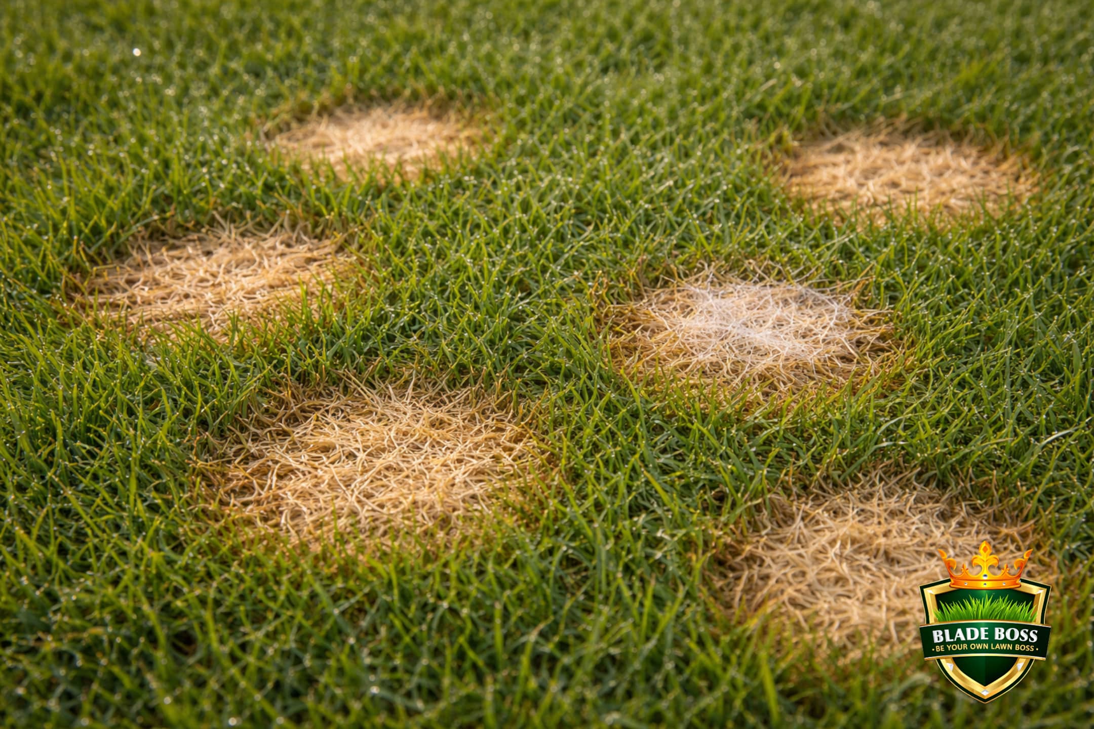 Dollar spot disease on a lawn showing multiple small straw-colored bleached spots with white cobwebby mycelium visible in morning dew on green turf grass