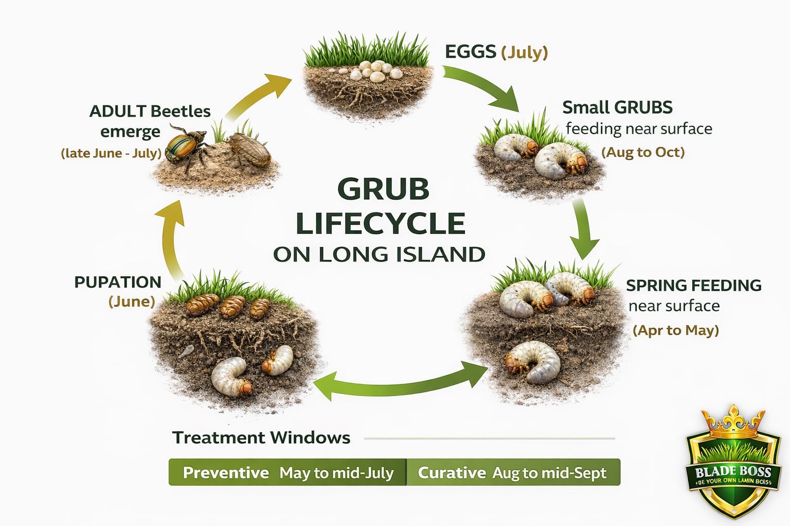 White grub lifecycle diagram showing eggs hatching in July, larvae feeding August through October, overwintering deep in soil, spring feeding April to May, pupation in June, and adult beetle emergence in late June to July on Long Island