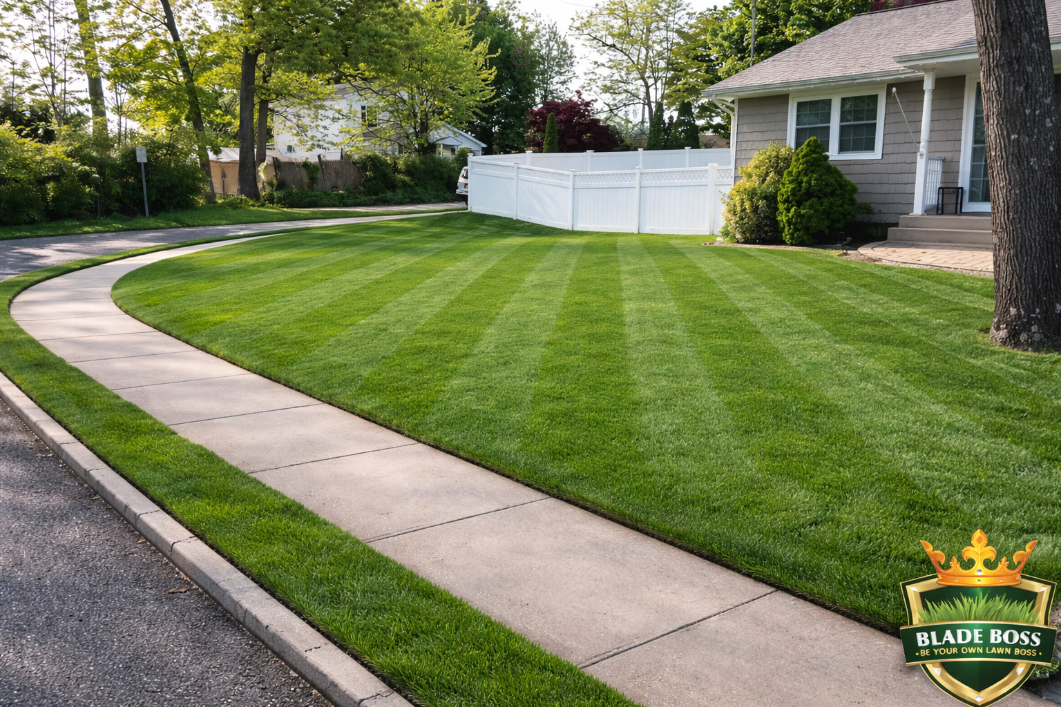 Lush Kentucky bluegrass lawn with blue-green color and fine texture in spring on a Long Island property showing mowing stripes