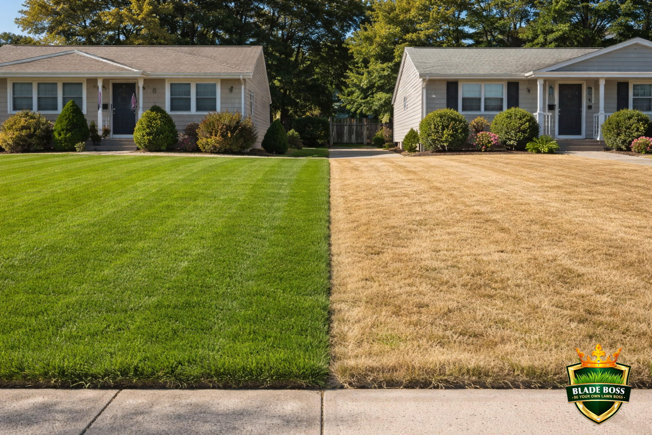 Two adjacent Long Island suburban lawns in summer showing the dormancy decision: one irrigated and green, the other dormant and brown