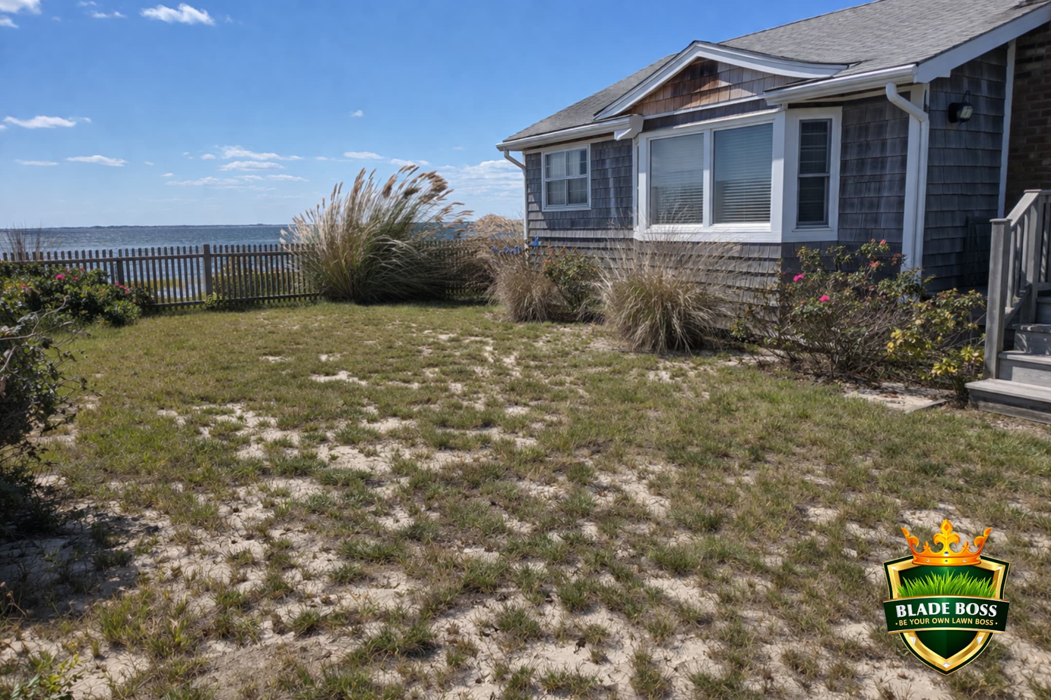 Thin sparse lawn on a Long Beach Nassau County barrier island property showing sandy patches salt-damaged grass tips and wind-blown ornamental grasses near a weathered bungalow with ocean visible in background