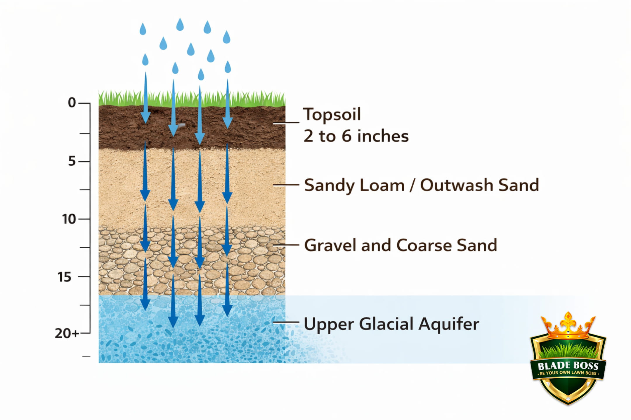 Cross-section diagram of Long Island's geological structure showing topsoil, sandy outwash, gravel, and upper glacial aquifer layers with rainfall arrows showing water percolating downward