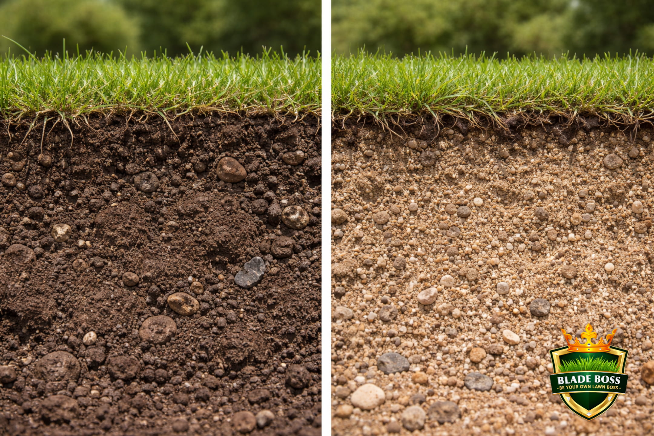 Side-by-side comparison of North Shore clay loam soil and South Shore sandy outwash soil from Long Island showing the dramatic difference in texture density and color between glacial moraine and outwash plain soils