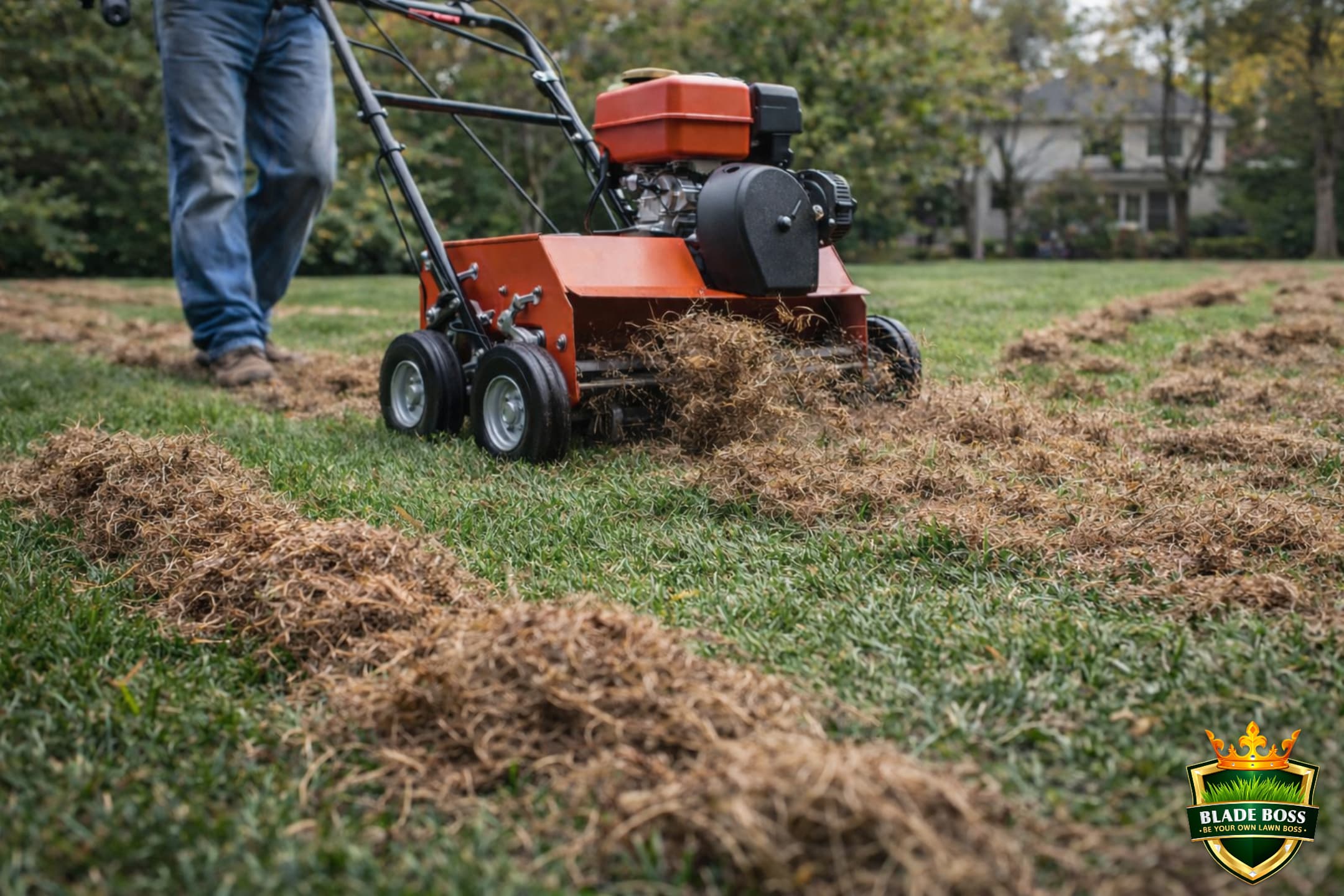 Power dethatcher vertical mower machine pulling thatch debris from a Northeast lawn during fall renovation