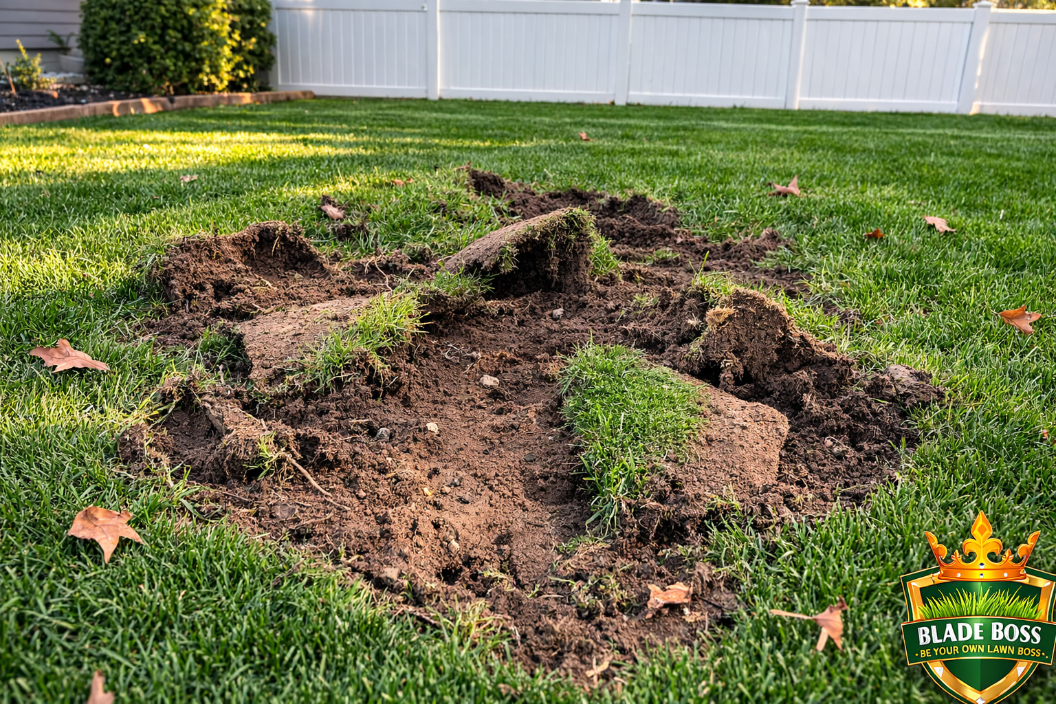 Lawn torn up by skunks and raccoons digging for grubs showing overturned turf pieces and exposed soil on a Long Island property