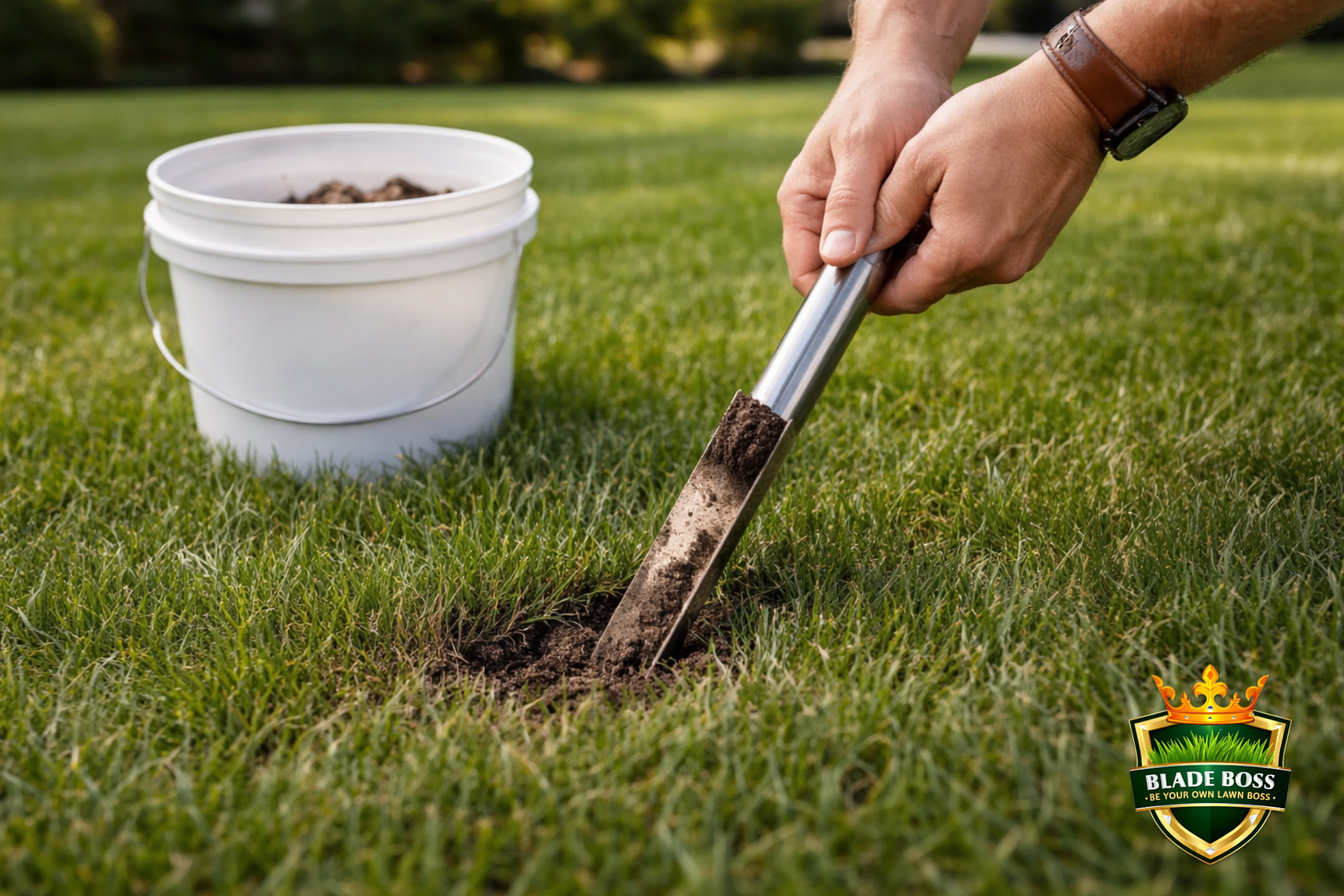 Homeowner pushing a soil probe into a green lawn to collect a soil core sample with a collection bucket nearby