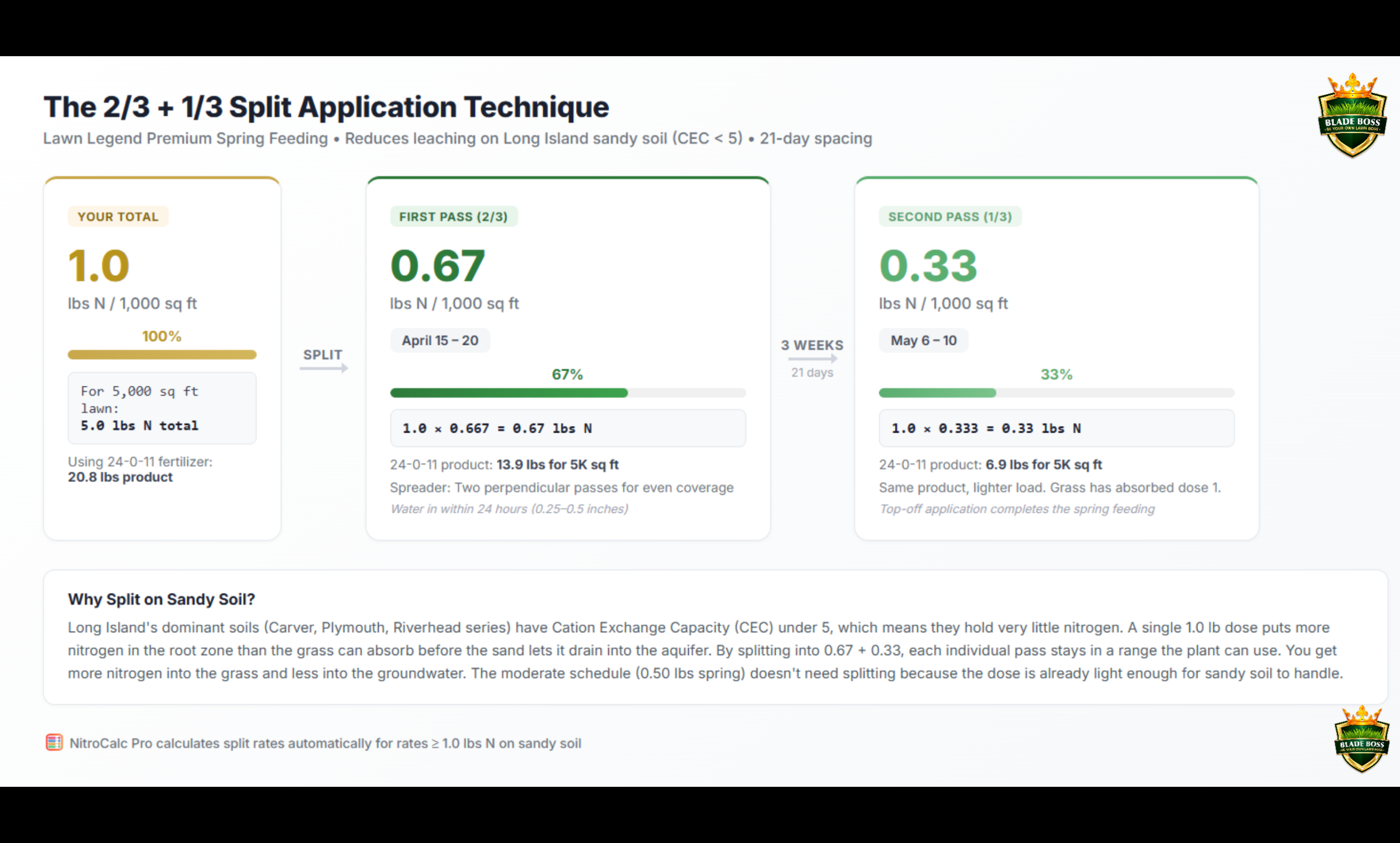 Diagram showing the 2/3 plus 1/3 split application technique for fertilizer on Long Island sandy soil with 67 percent applied on day 1 and 33 percent applied 3 weeks later, including product weight calculations for a 5000 square foot lawn using 24-0-11 fertilizer at 1.25 lbs nitrogen per 1000 square feet