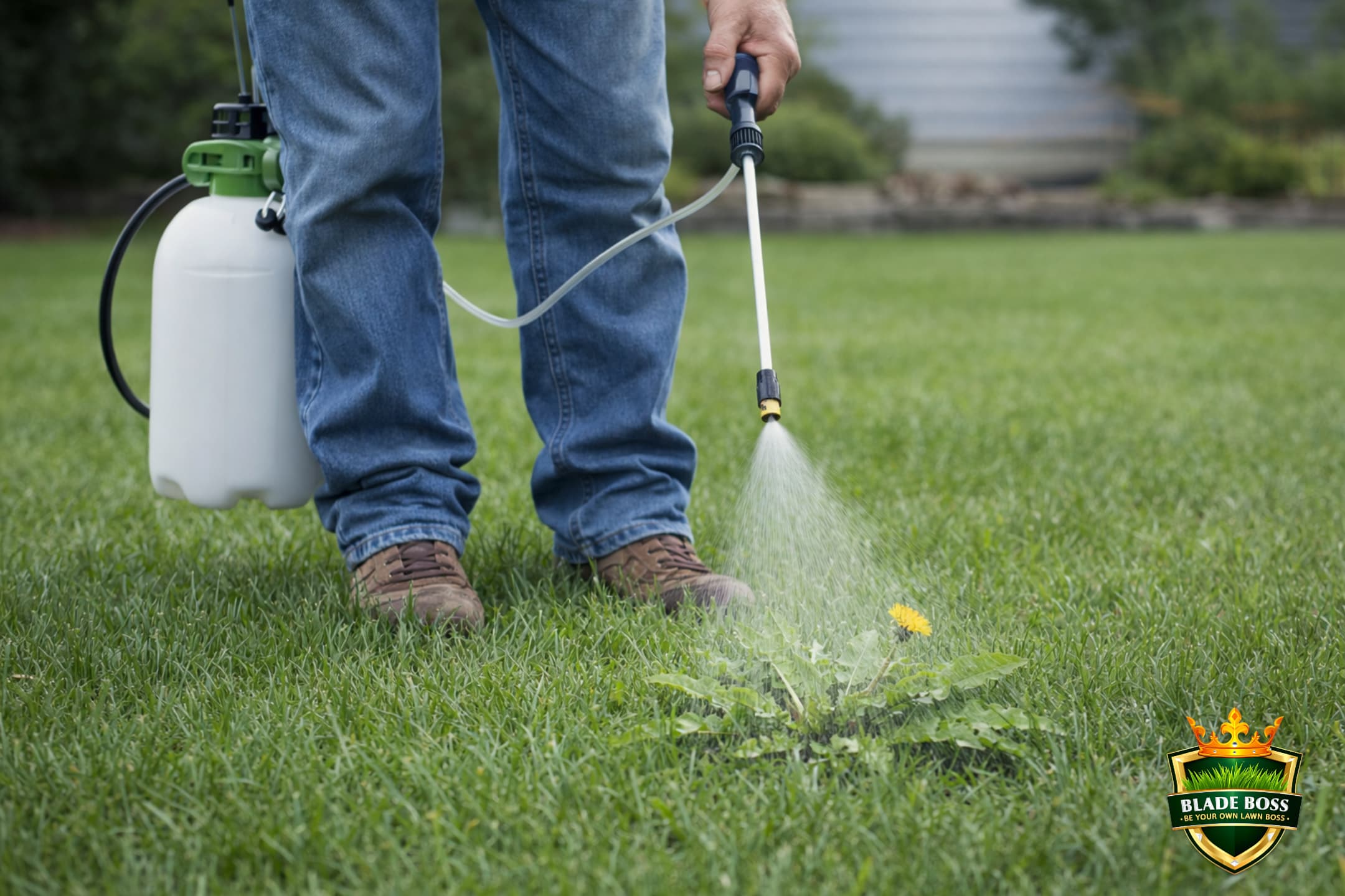 Homeowner using a pump sprayer to spot-treat broadleaf weeds on a green Northeast lawn with targeted spray technique