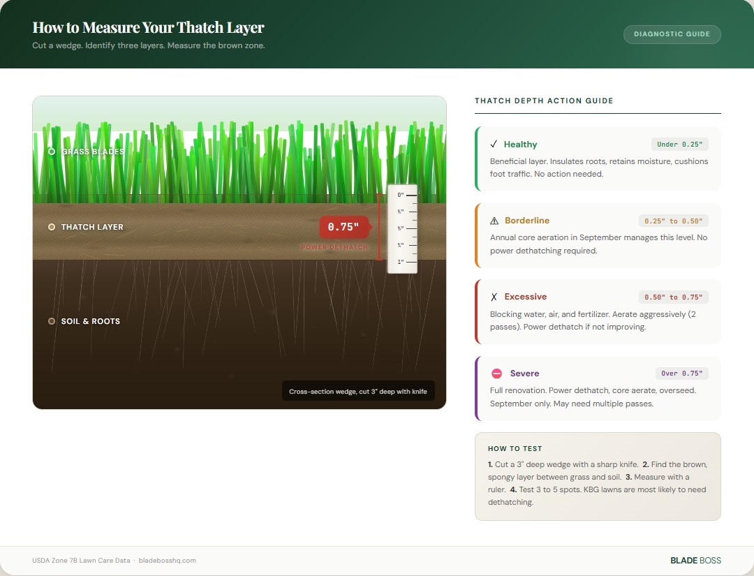 Cross-section of lawn showing ruler measuring thatch layer thickness between grass blades and soil on a Long Island lawn