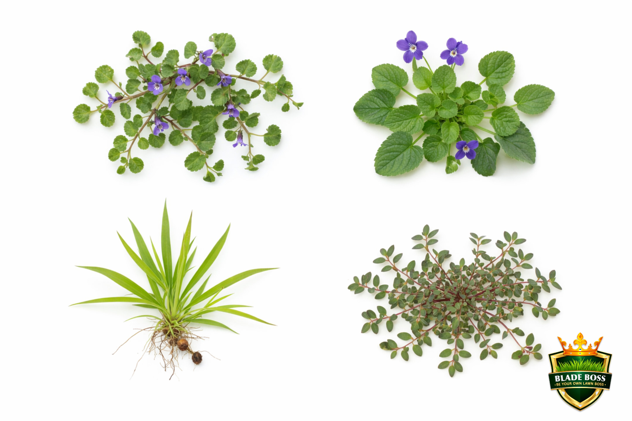 Identification grid showing four tough specialty lawn weeds: ground ivy with scalloped leaves and purple flowers, wild violet with heart-shaped leaves, yellow nutsedge with tubers visible at roots, and spotted spurge flat mat with reddish stems