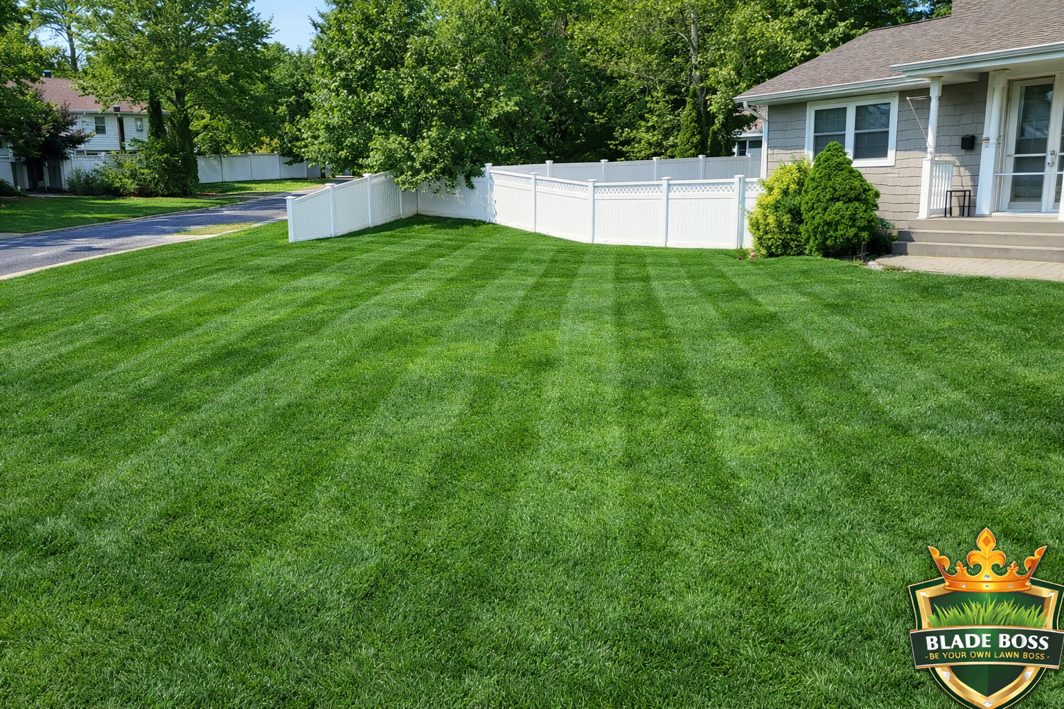 Thick dark green turf-type tall fescue lawn on a Long Island property in summer with white vinyl fence and suburban homes in background