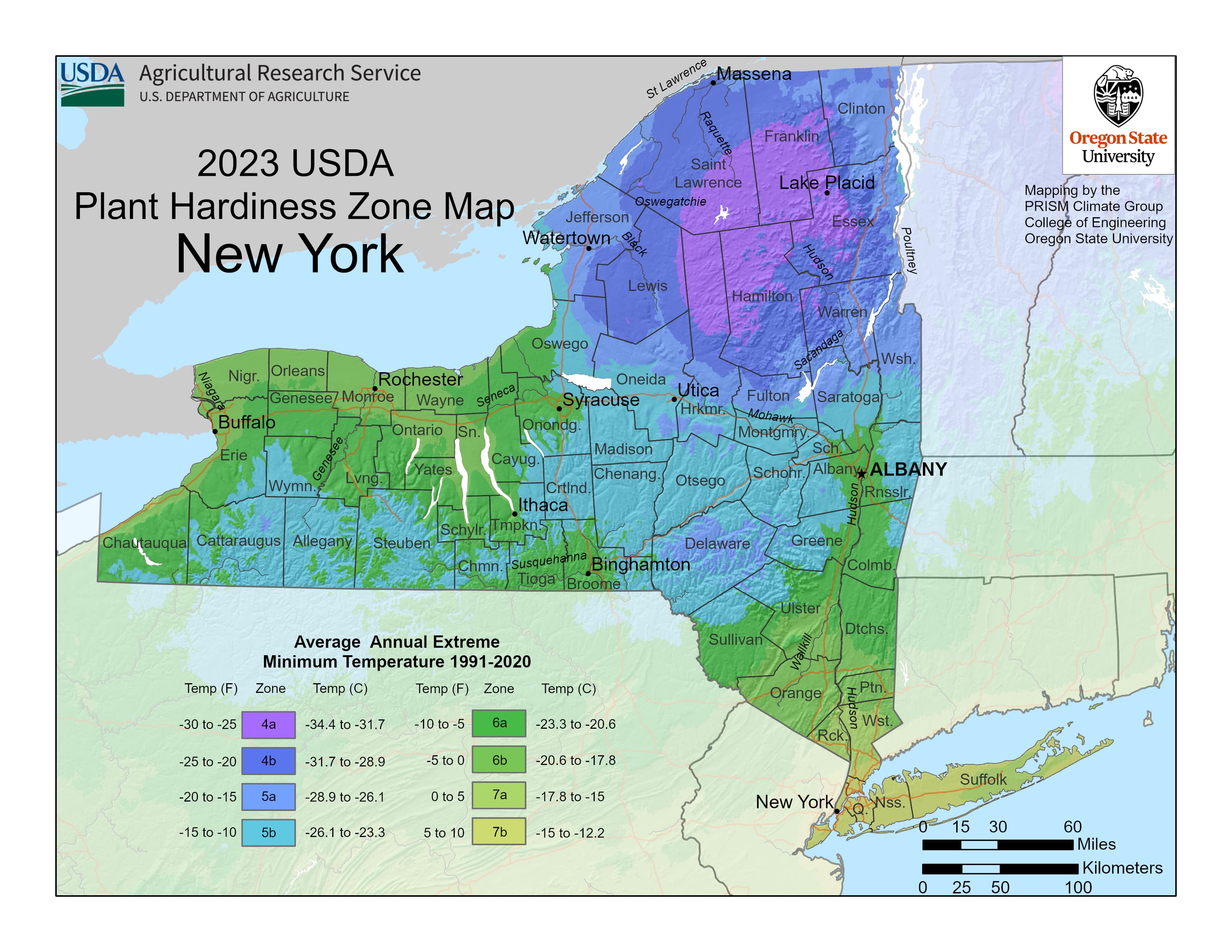 2023 USDA Plant Hardiness Zone Map for New York State showing Long Island classified as Zone 7B with average annual extreme minimum temperature of 5 to 10 degrees Fahrenheit