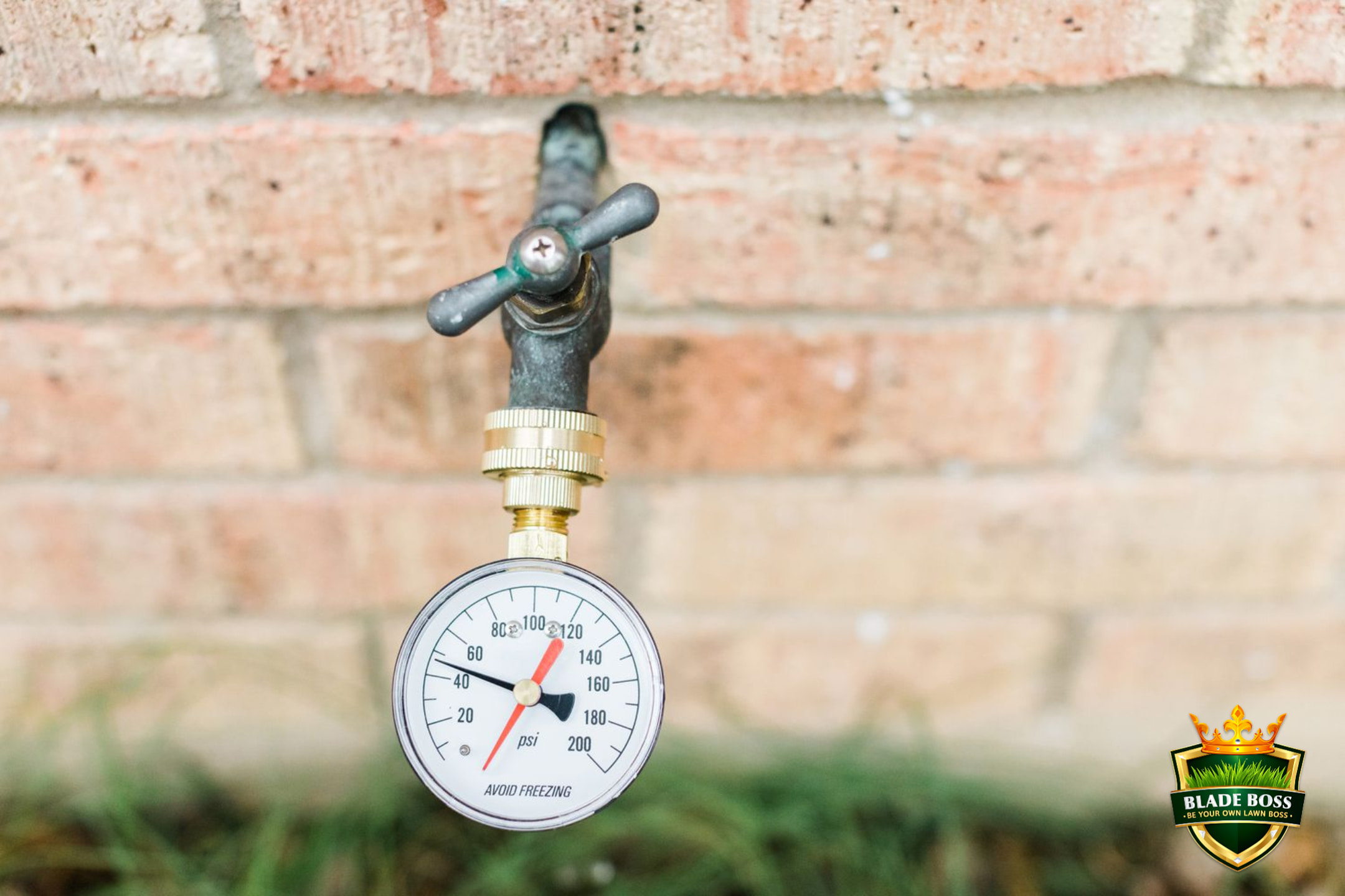 Brass water pressure gauge screwed onto an outdoor hose bib showing approximately 50 PSI during a residential irrigation pressure test