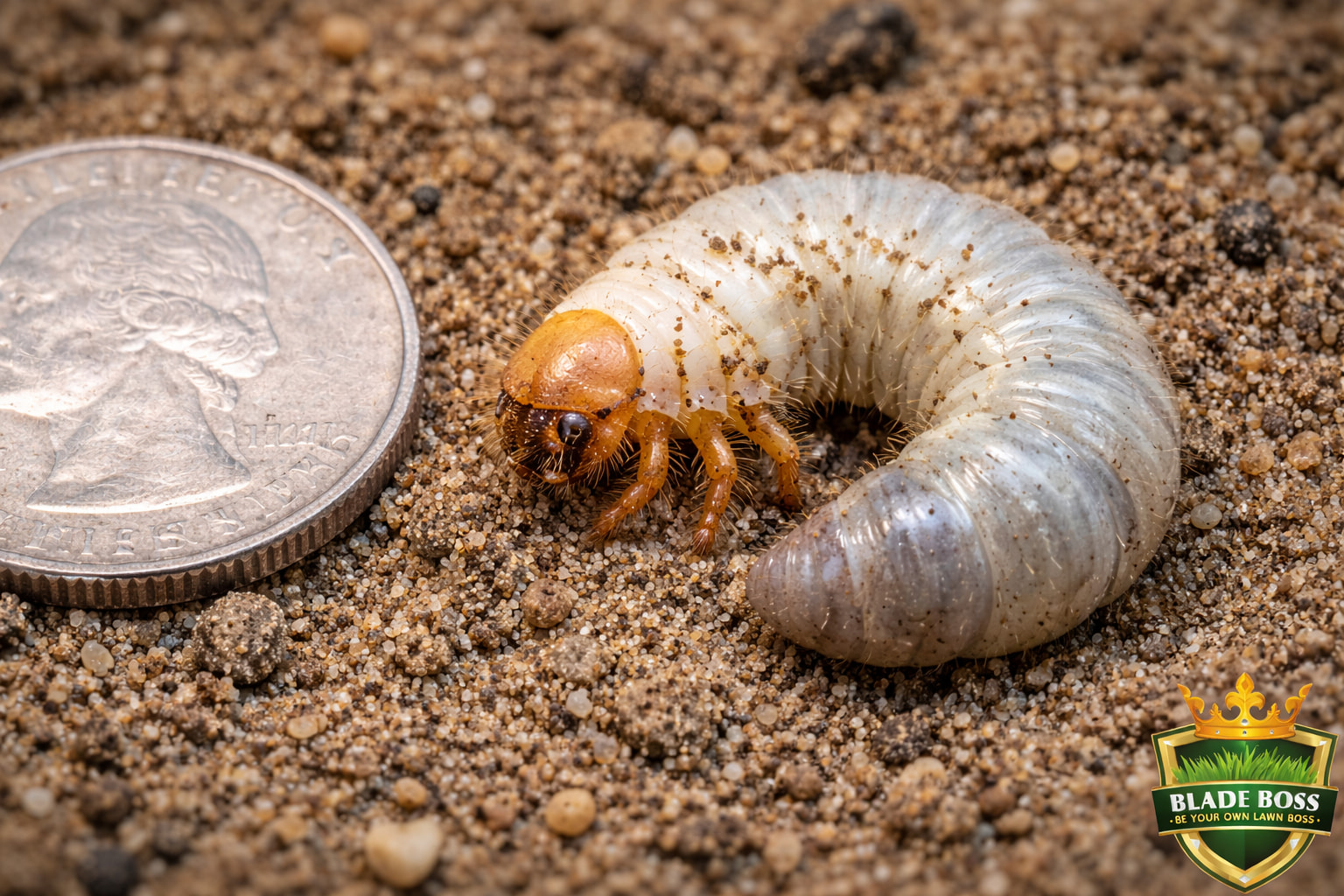Close-up of a white C-shaped grub larva in sandy Long Island soil next to a ruler showing approximately 1 inch in length for grub identification