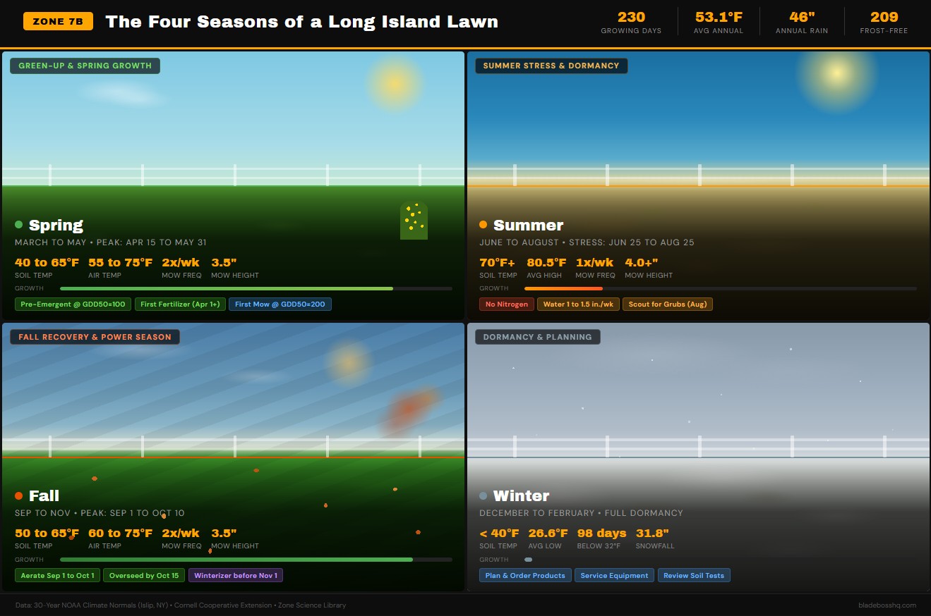 Same Long Island lawn shown across four seasons demonstrating cool-season grass growth cycle in USDA Zone 7B from spring green-up through summer stress to fall recovery and winter dormancy