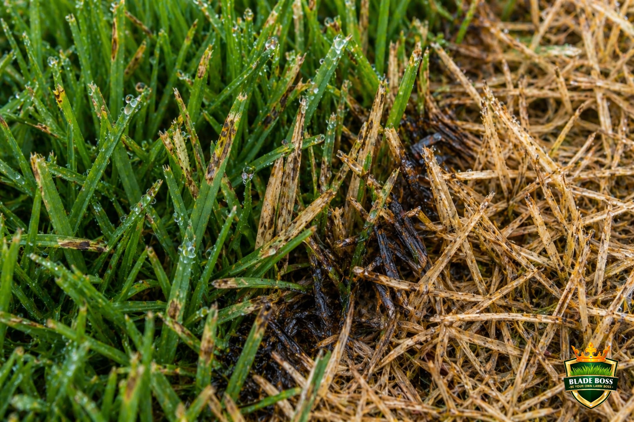 Close-up of brown patch disease on cool-season grass showing tan lesions with dark brown borders and smoke ring edge