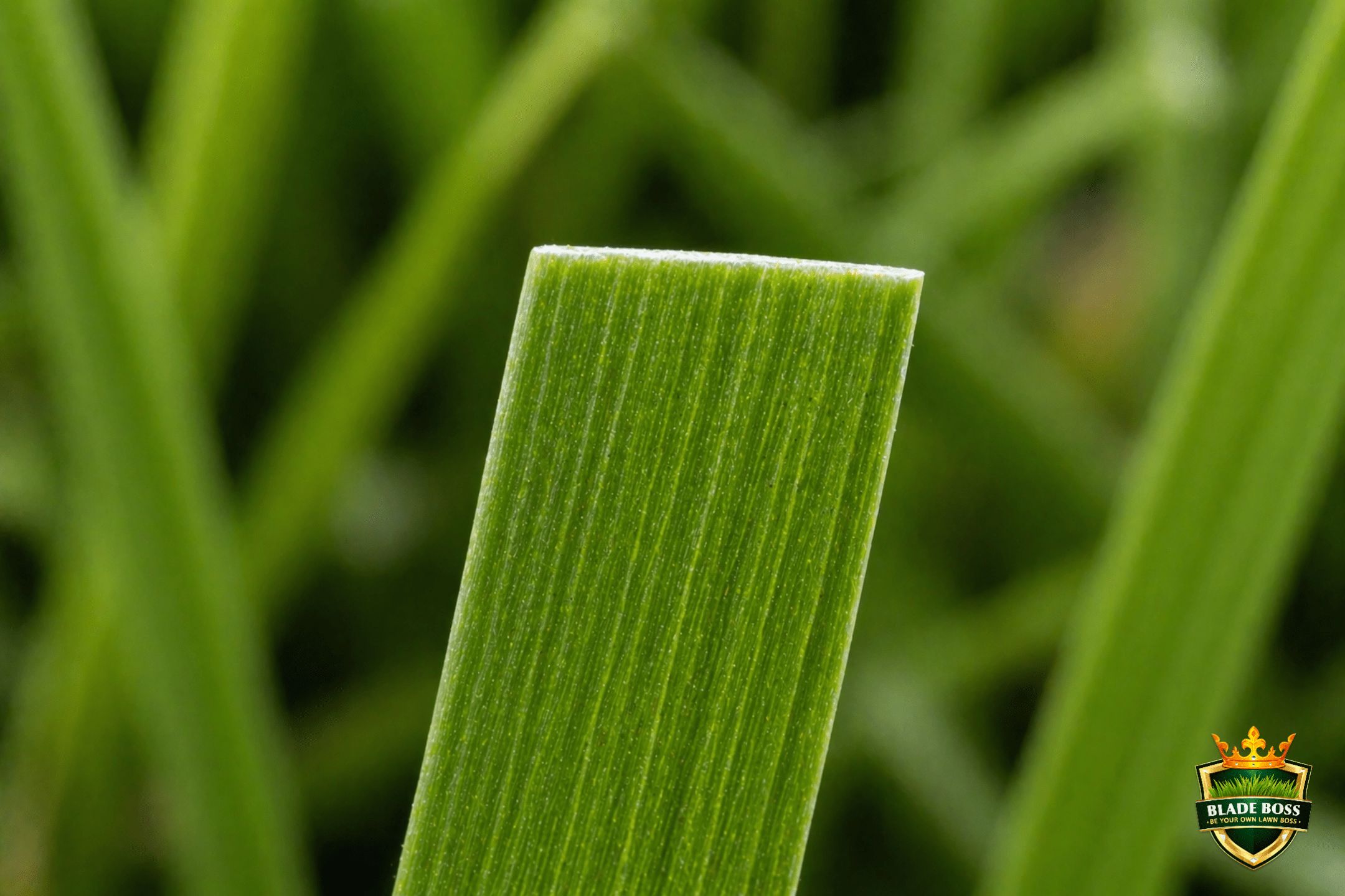 Close-up of grass blade tip cleanly cut by a sharp mower blade showing smooth green edge
