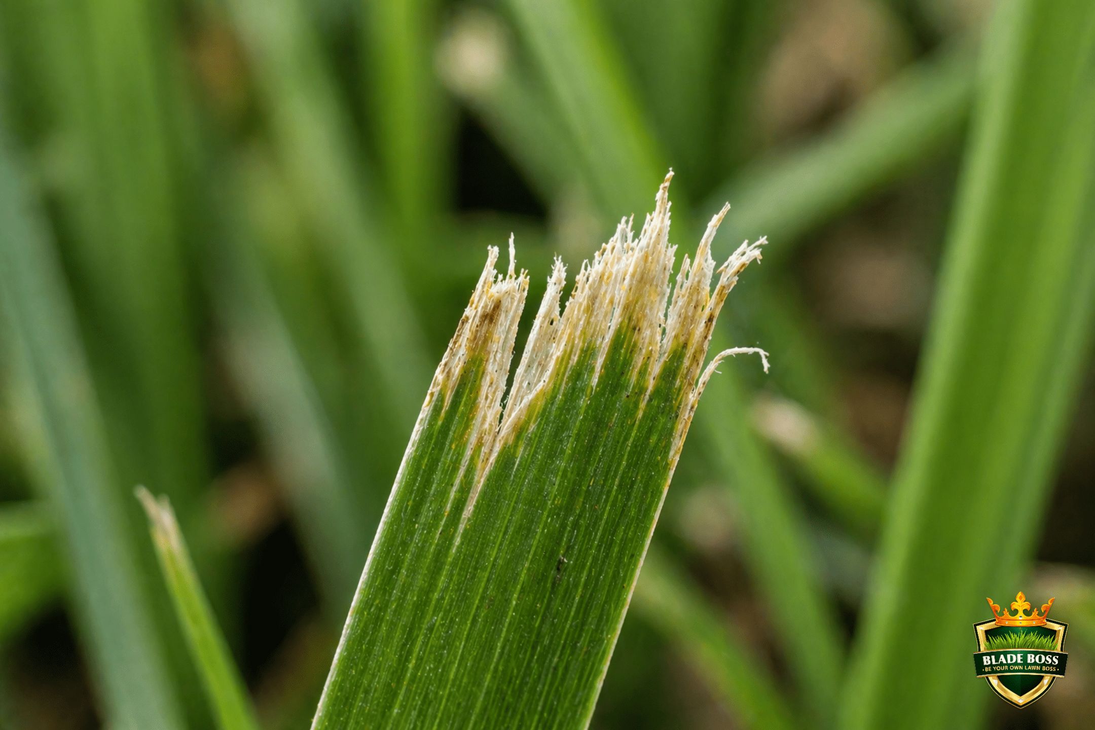 Close-up of grass blade tip torn by a dull mower blade showing ragged brown edge
