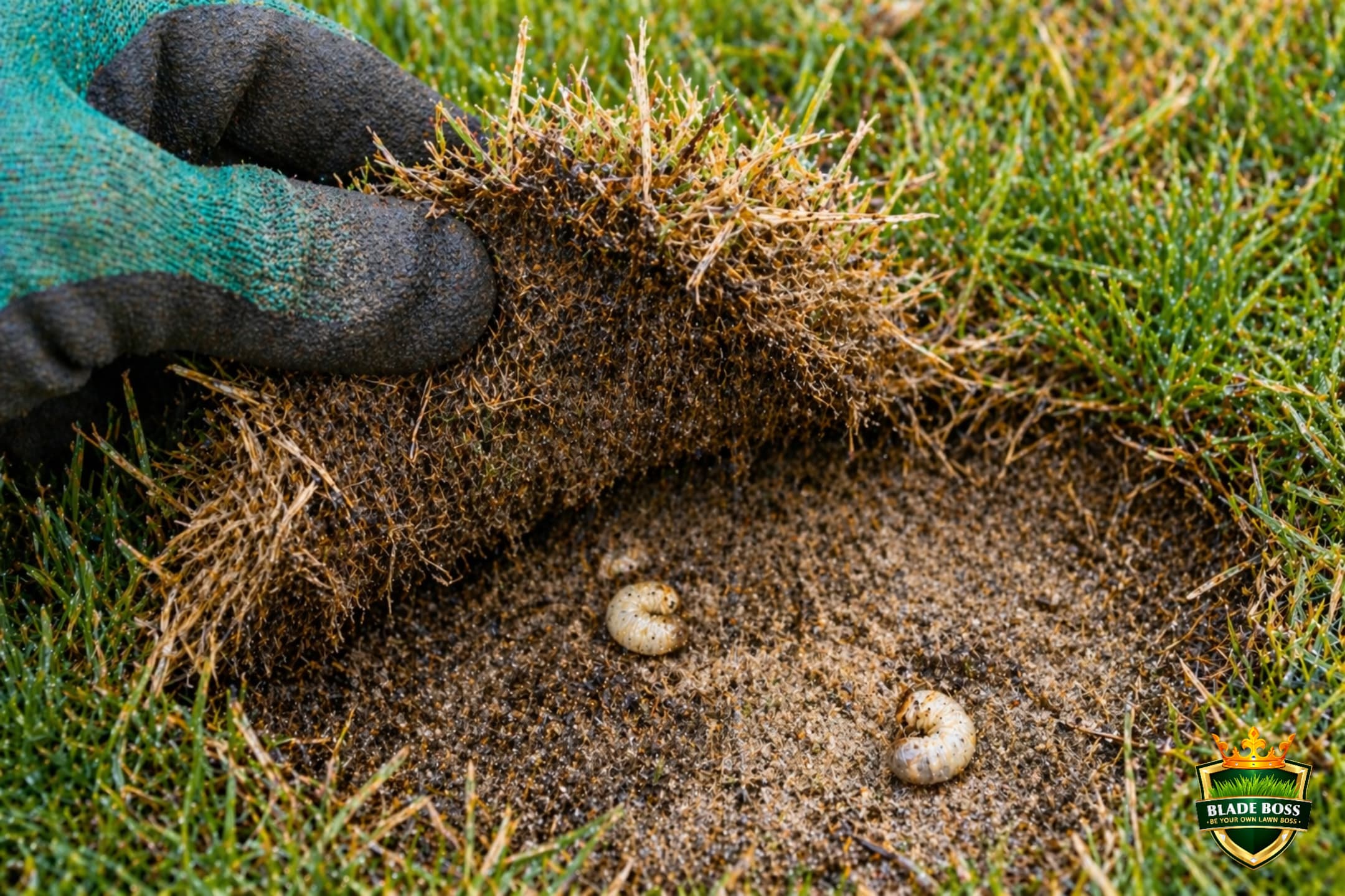 Hand pulling up dead turf from a lawn revealing grub damage with no root attachment and white grubs in sandy soil