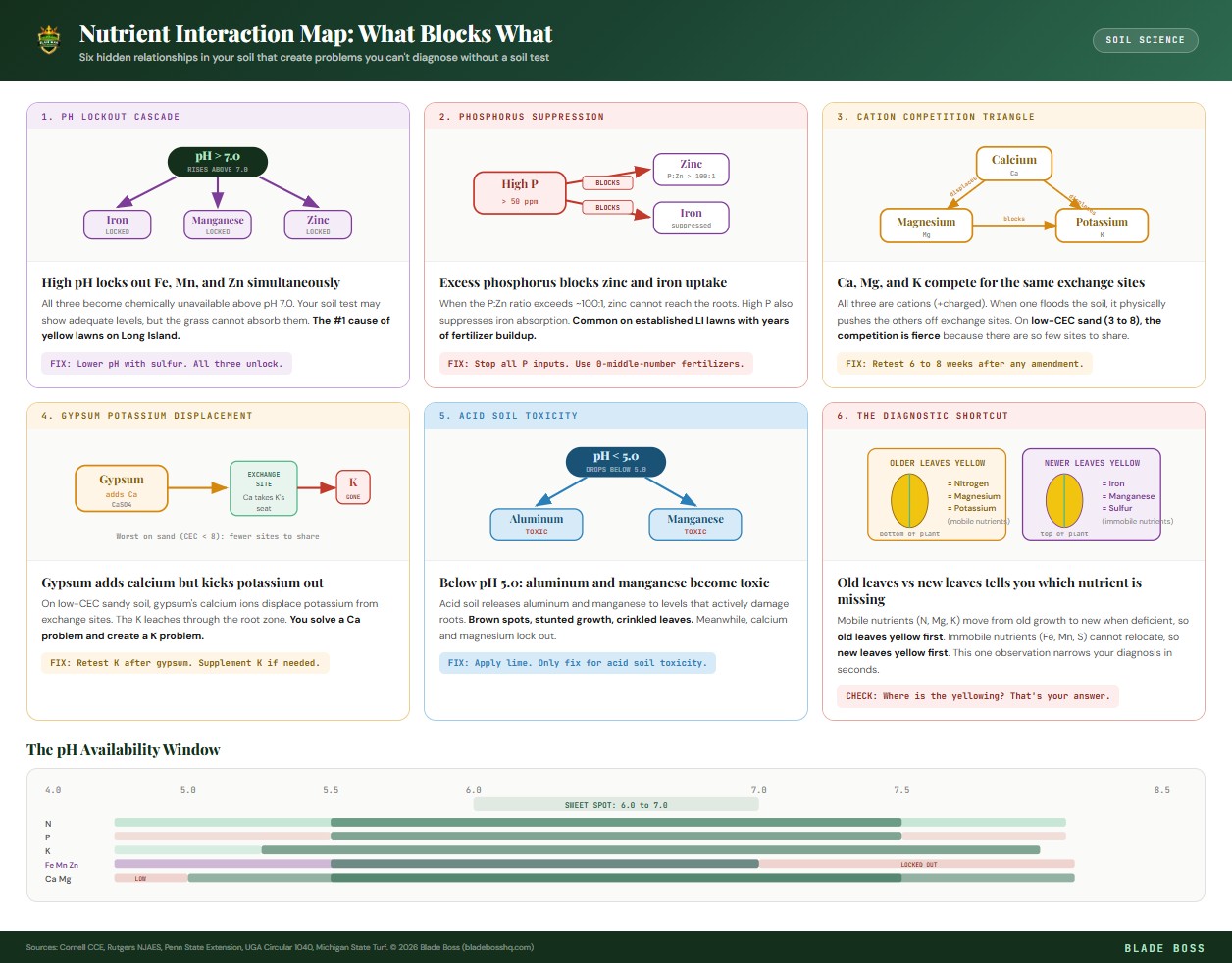 Nutrient interaction map showing six hidden relationships in lawn soil including pH lockout, phosphorus suppression, and cation competition