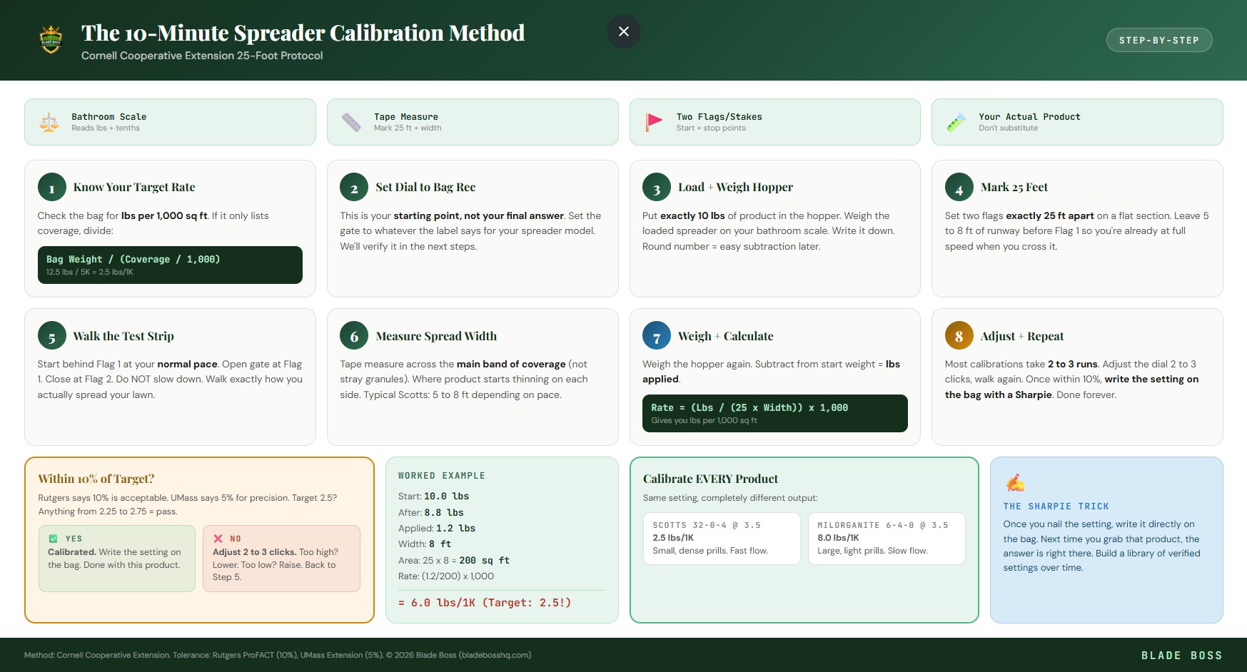 Spreader calibration flowchart showing the 8-step Cornell 25-foot method with formulas and worked example