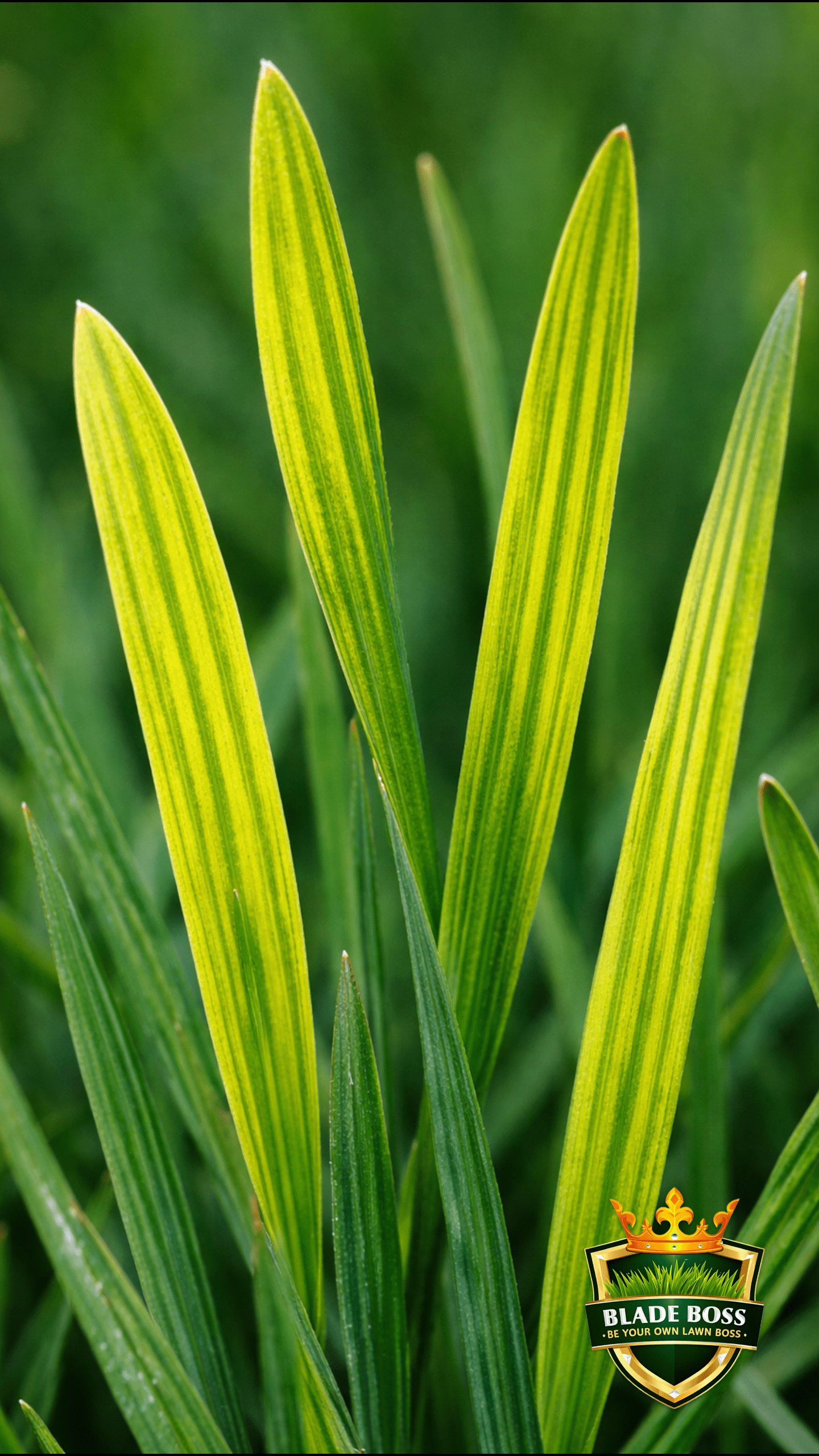 Close-up of grass blades showing interveinal chlorosis with yellow tissue between green veins caused by iron lockout from high pH