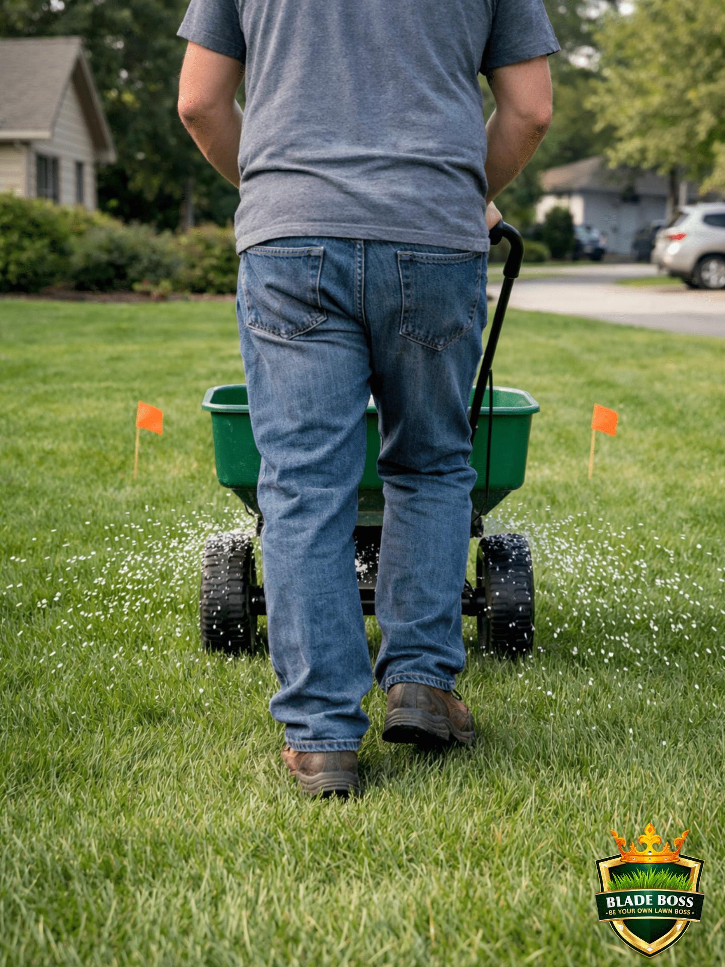 Walking a broadcast spreader calibration test strip between two marker flags on a suburban lawn