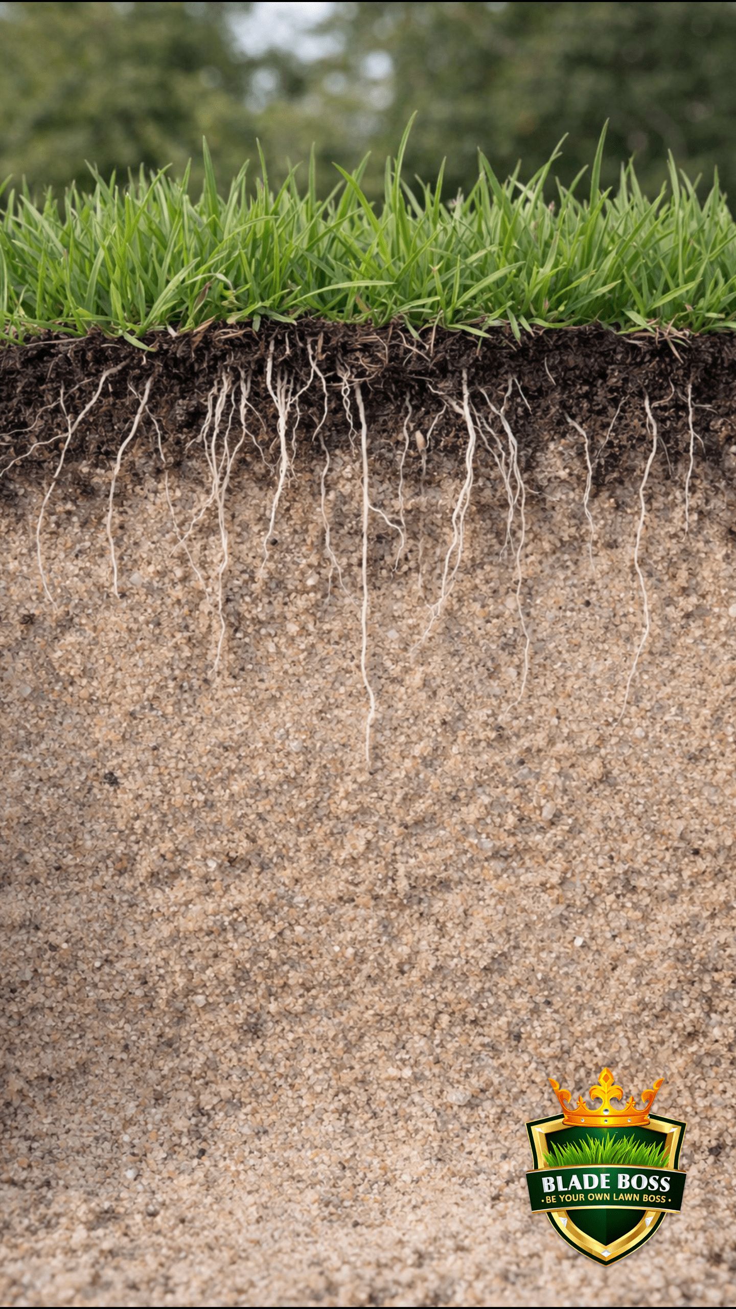 Cross-section of sandy Long Island soil showing thin topsoil layer and shallow grass roots with light tan sand below
