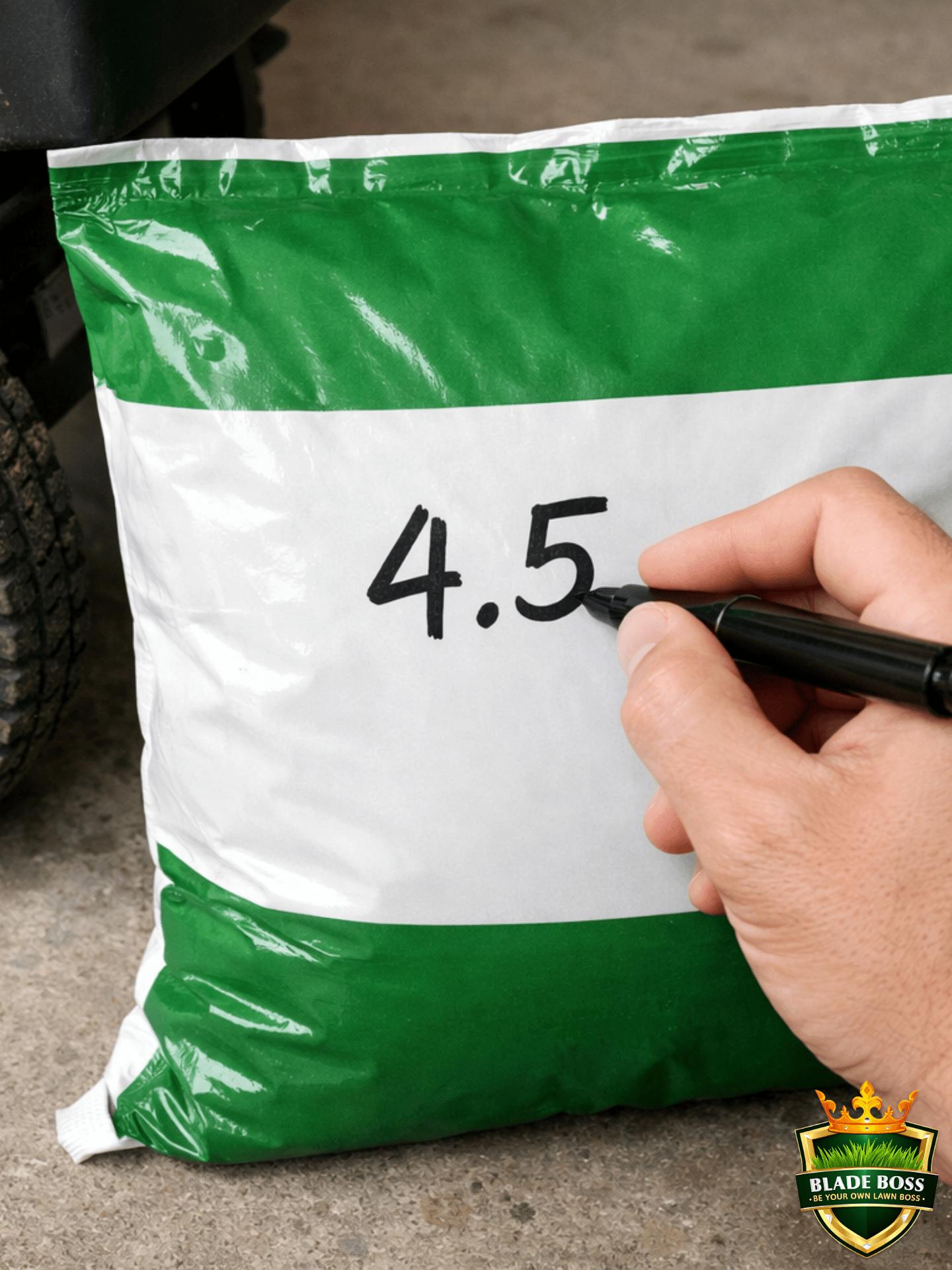 Writing a verified spreader setting on a fertilizer bag with a Sharpie after calibration test