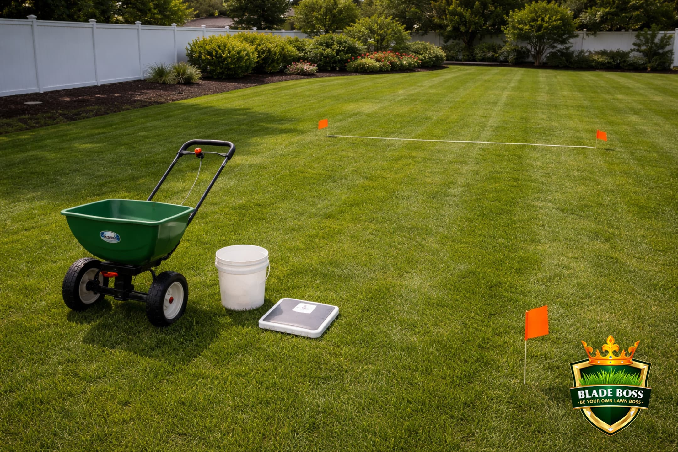 Lawn with a 25-foot calibration test strip marked by two orange flags with a broadcast spreader at one end and a bathroom scale and bucket nearby for the catch and weigh calibration method