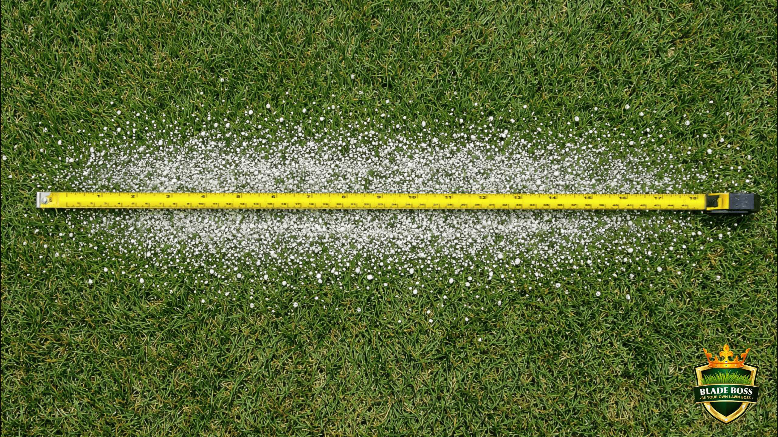 Measuring the spread width of fertilizer granules on grass with a tape measure during spreader calibration