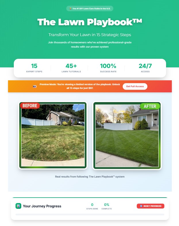 Blade Boss Lawn Playbook dashboard showing 15 expert steps, before and after lawn transformation results, and progress tracker