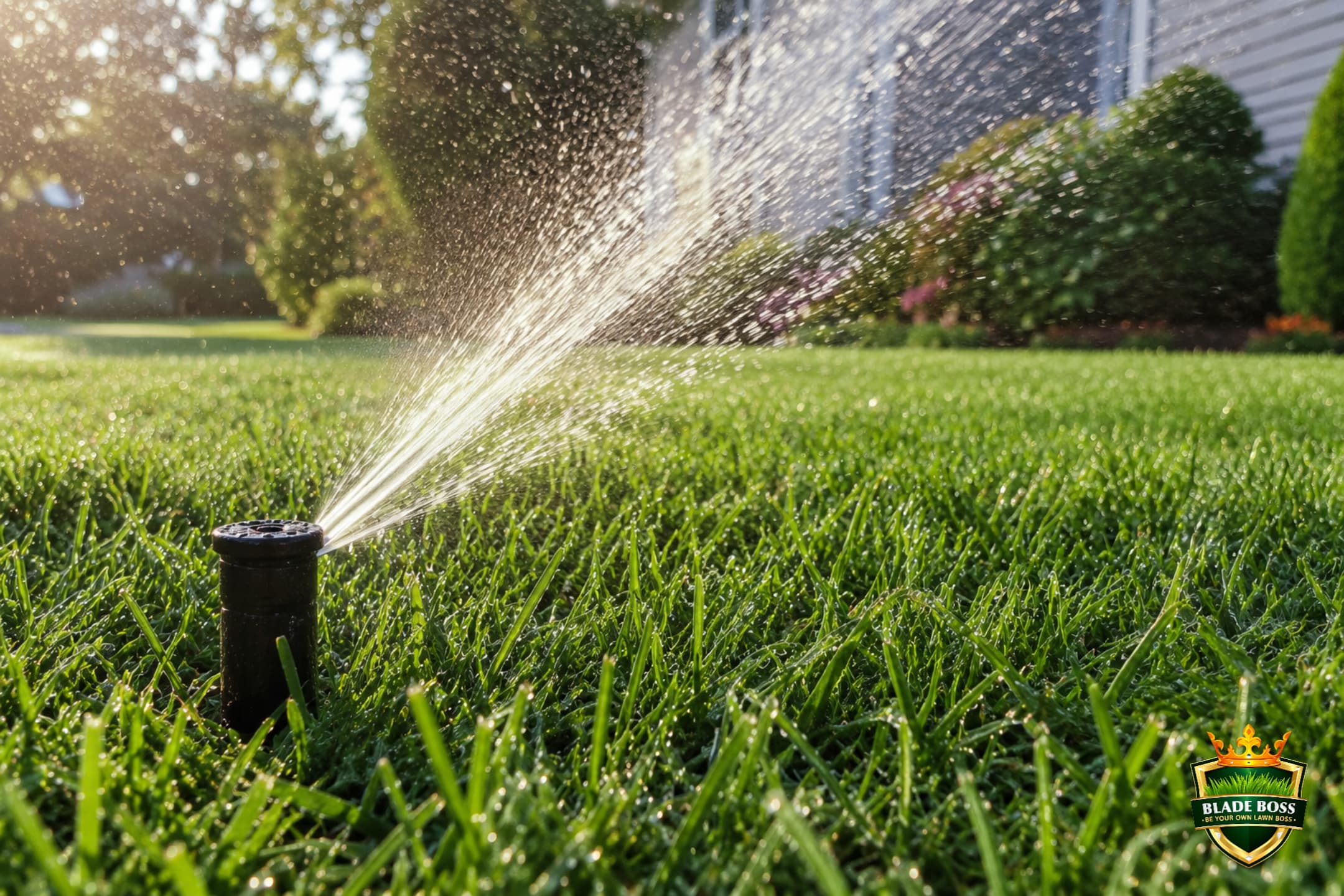 Lawn sprinkler running on a green suburban lawn showing deep watering for root development