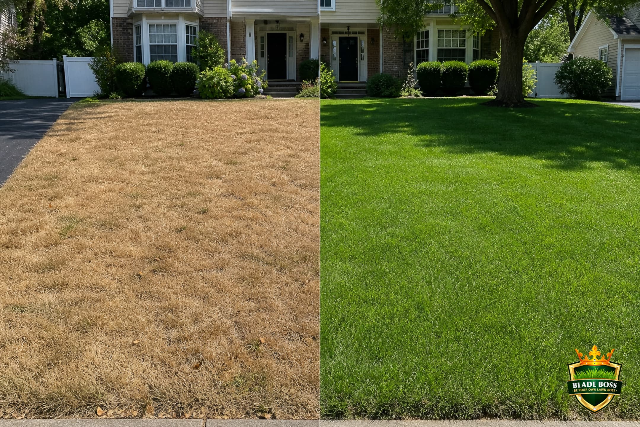 Split comparison of a dormant brown lawn in summer and the same lawn recovered to green in September after cooler temperatures