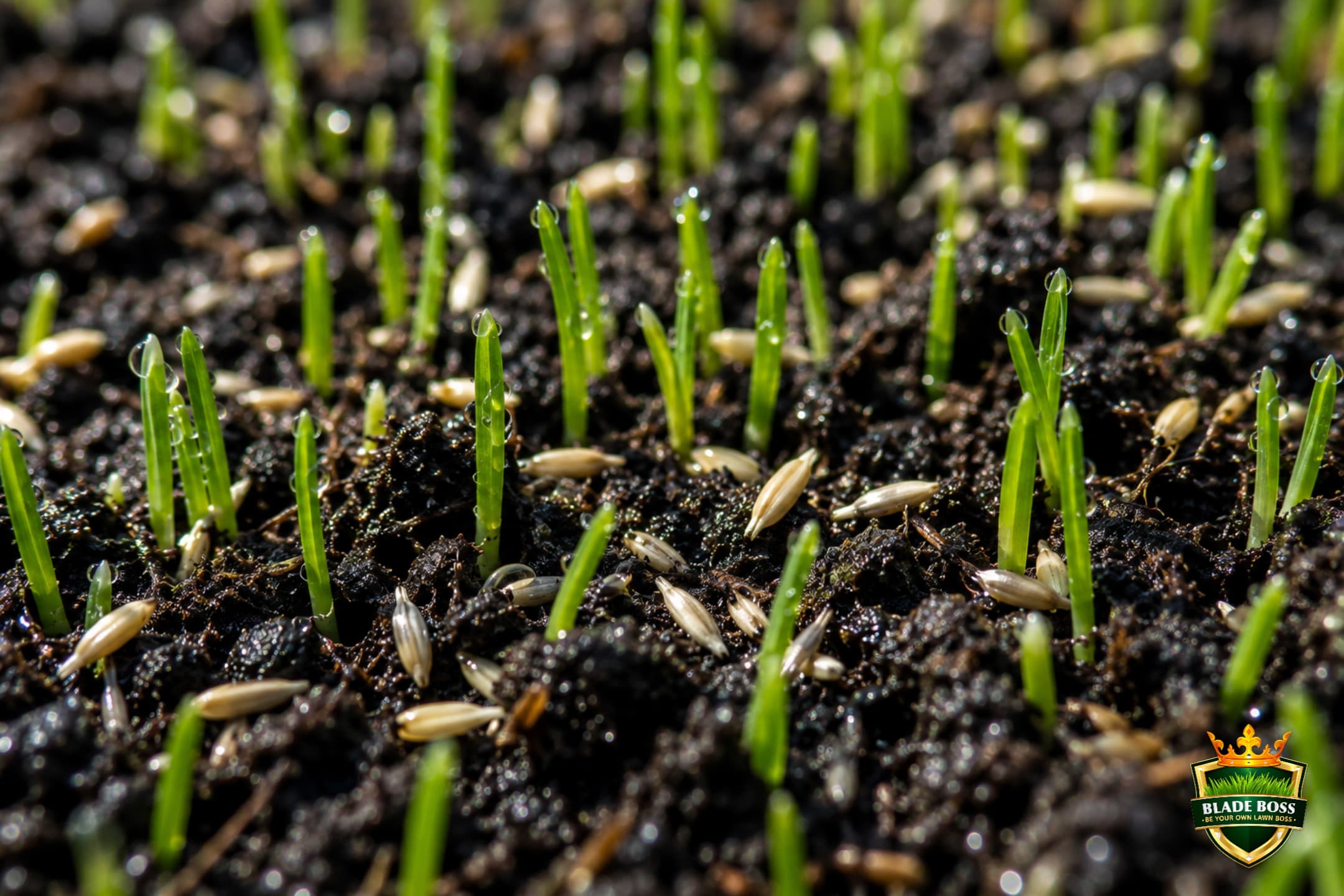 Tiny grass seedlings emerging from moist soil during fall overseeding germination phase