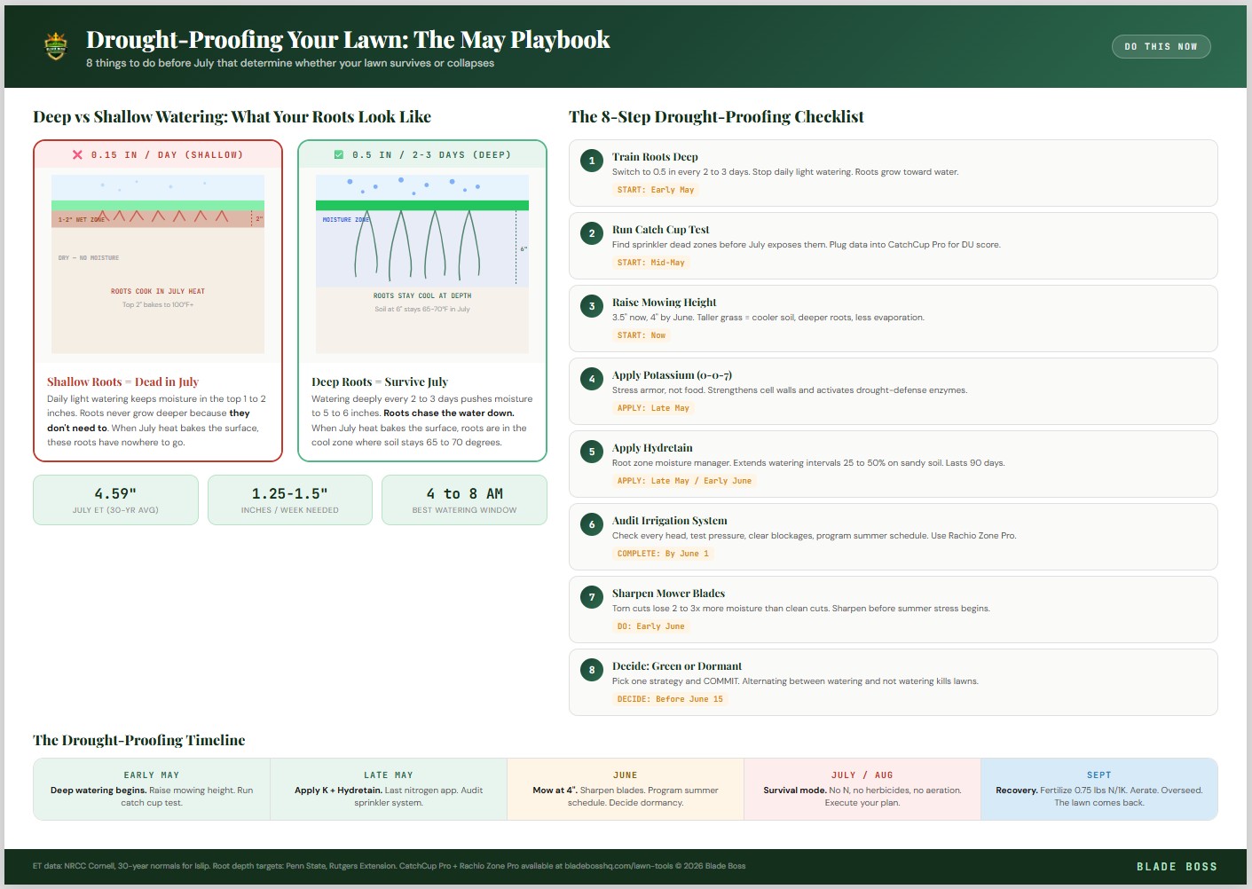 Infographic comparing shallow vs deep watering root depth with 8-step drought-proofing checklist and monthly timeline for Long Island lawns