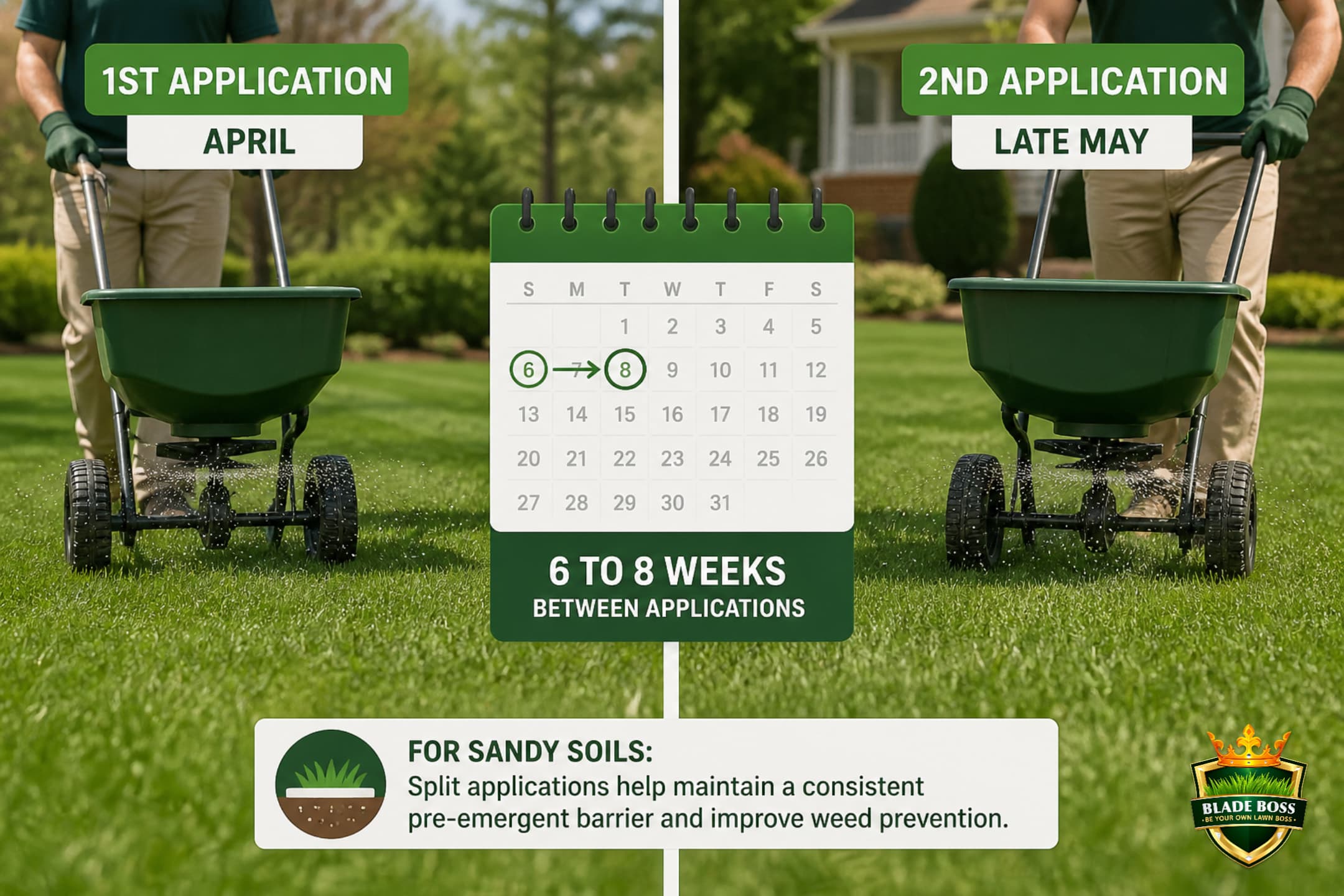 Split application pre-emergent timeline showing two half-rate applications 6 to 8 weeks apart for Long Island sandy soil
