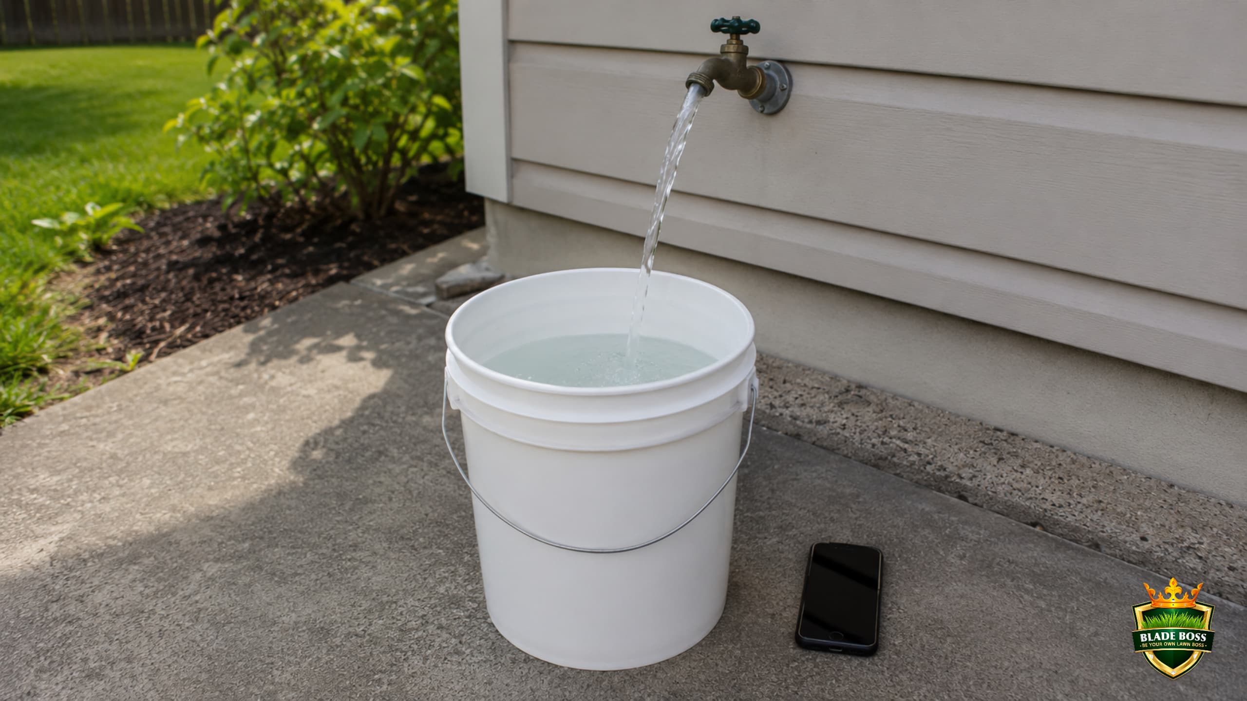 A 5-gallon bucket filling from a fully open outdoor spigot with a phone stopwatch running, measuring sprinkler system flow rate