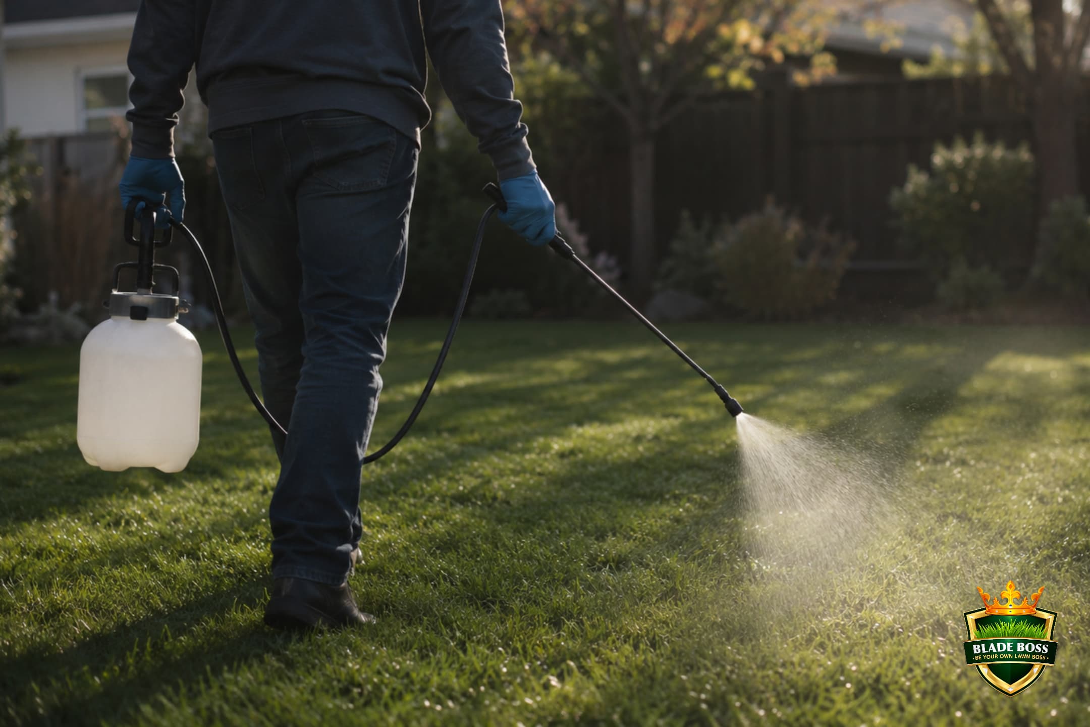 Applying the four-group fungicide rotation across a lawn with a backpack sprayer for even coverage