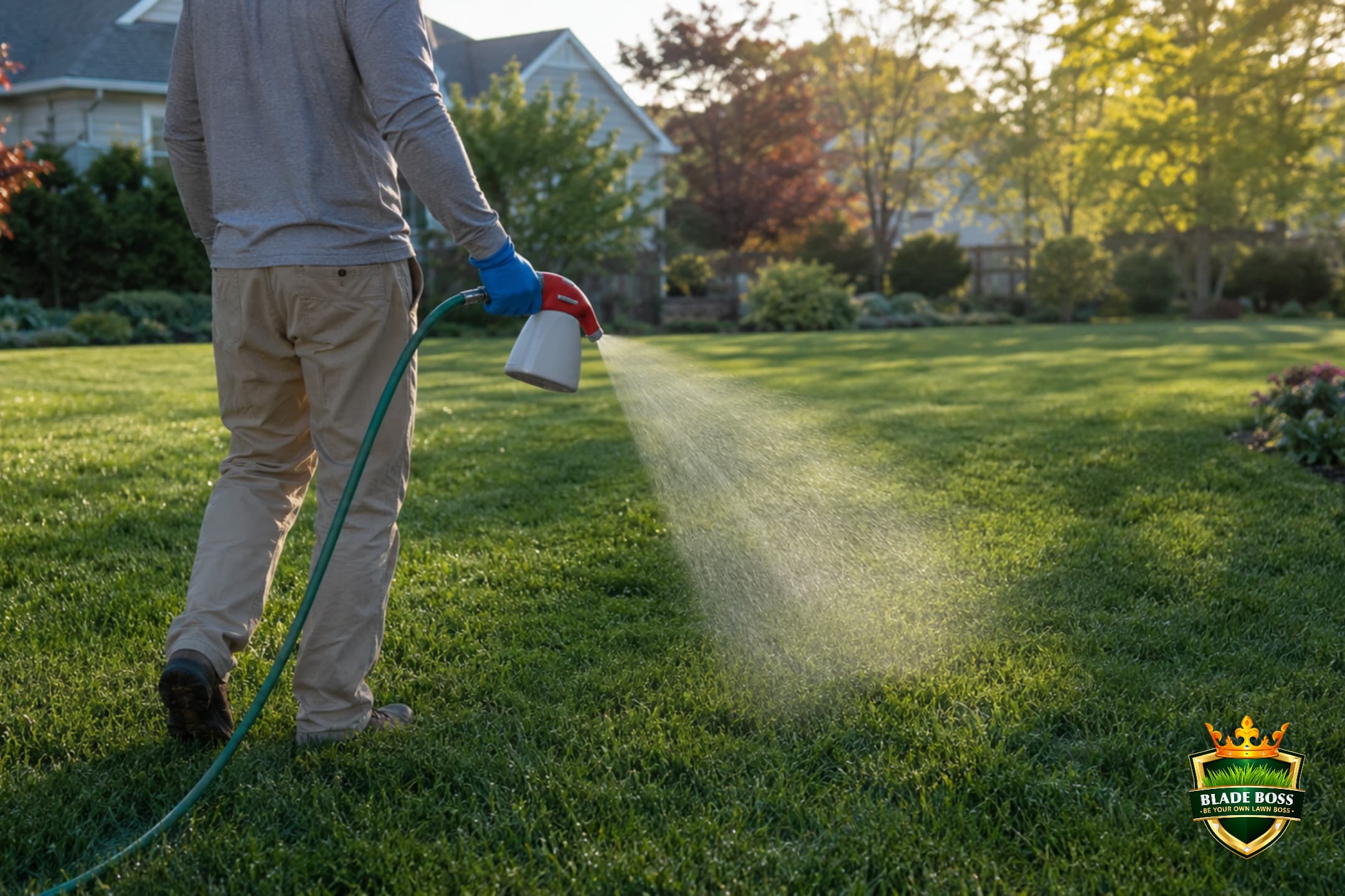 Applying liquid lawn fungicide in even overlapping passes for complete coverage of the grass blades